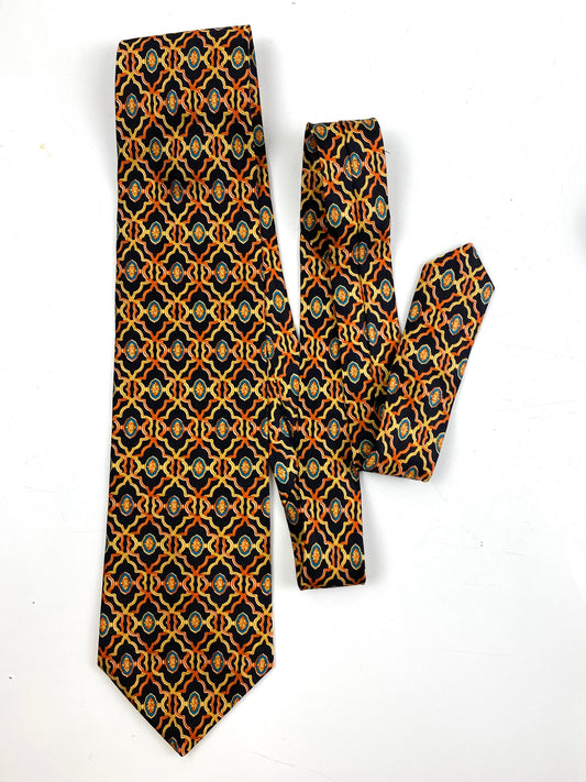 Front of: 90s Deadstock Silk Necktie, Men's Vintage Orange/ Black Geometric Art Deco Pattern Tie, NOS