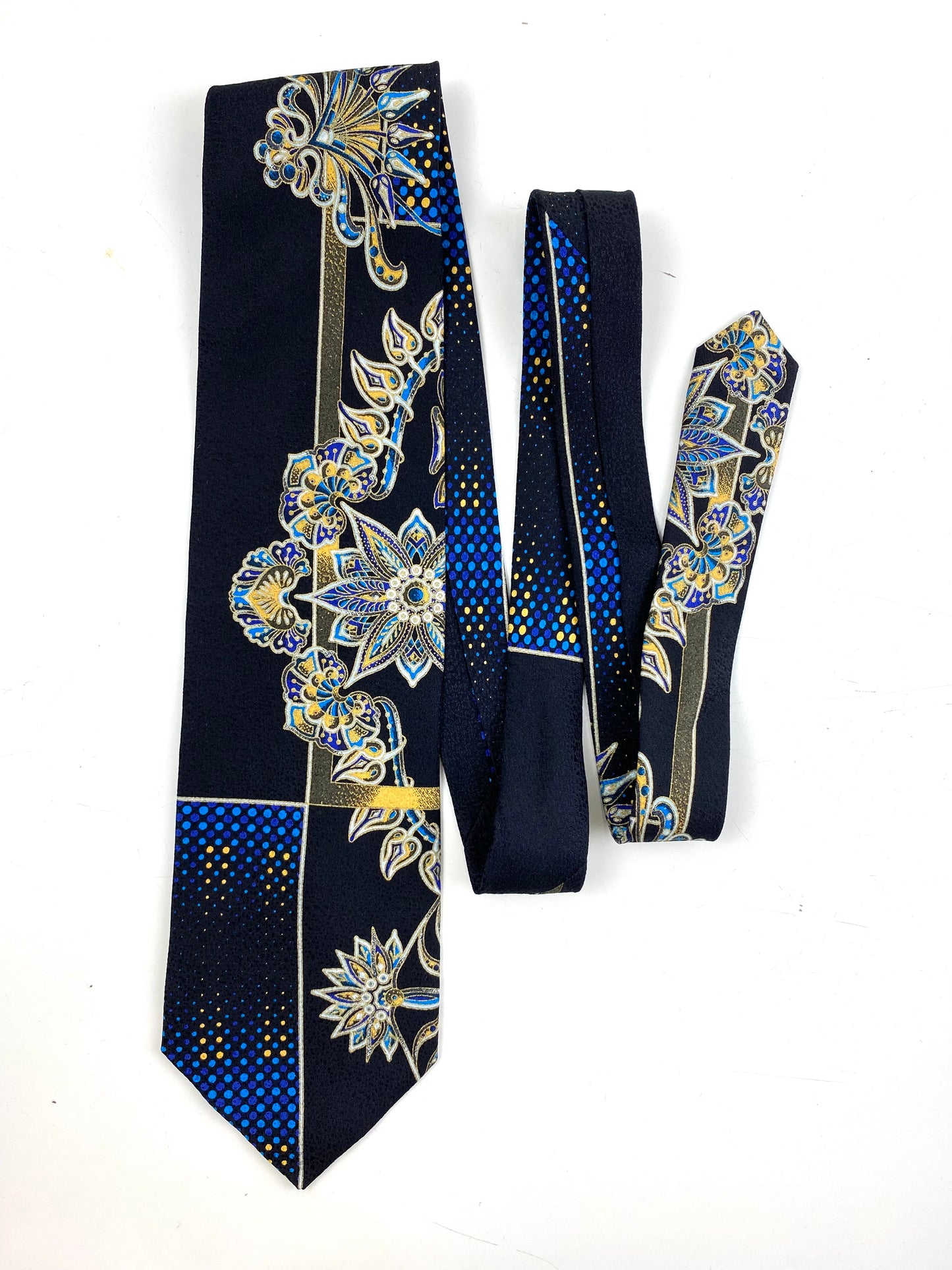 Front of: 90s Deadstock Silk Necktie, Men's Vintage Black/ Blue Indian Pattern Tie, NOS