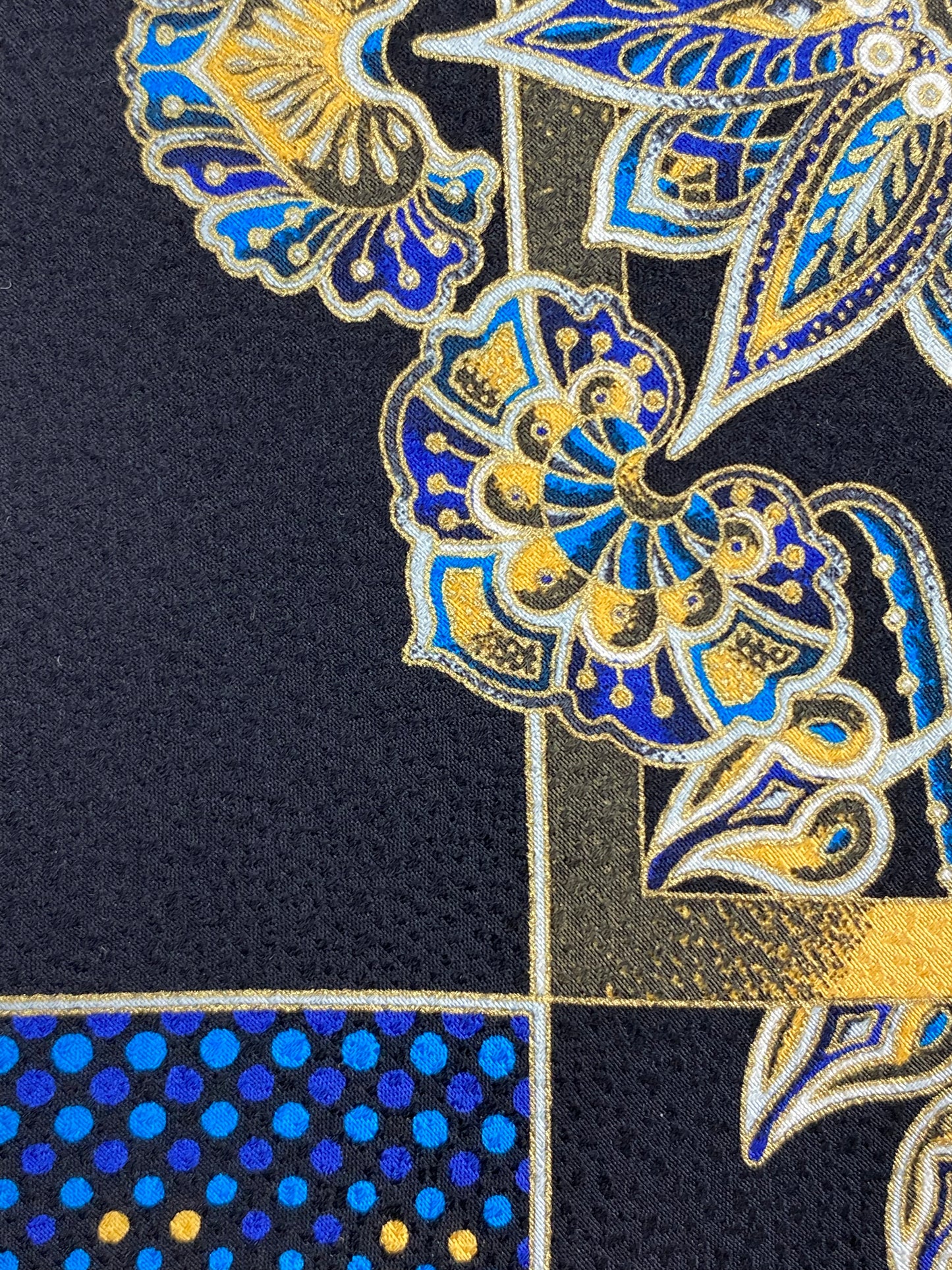 Close-up of: 90s Deadstock Silk Necktie, Men's Vintage Black/ Blue Indian Pattern Tie, NOS