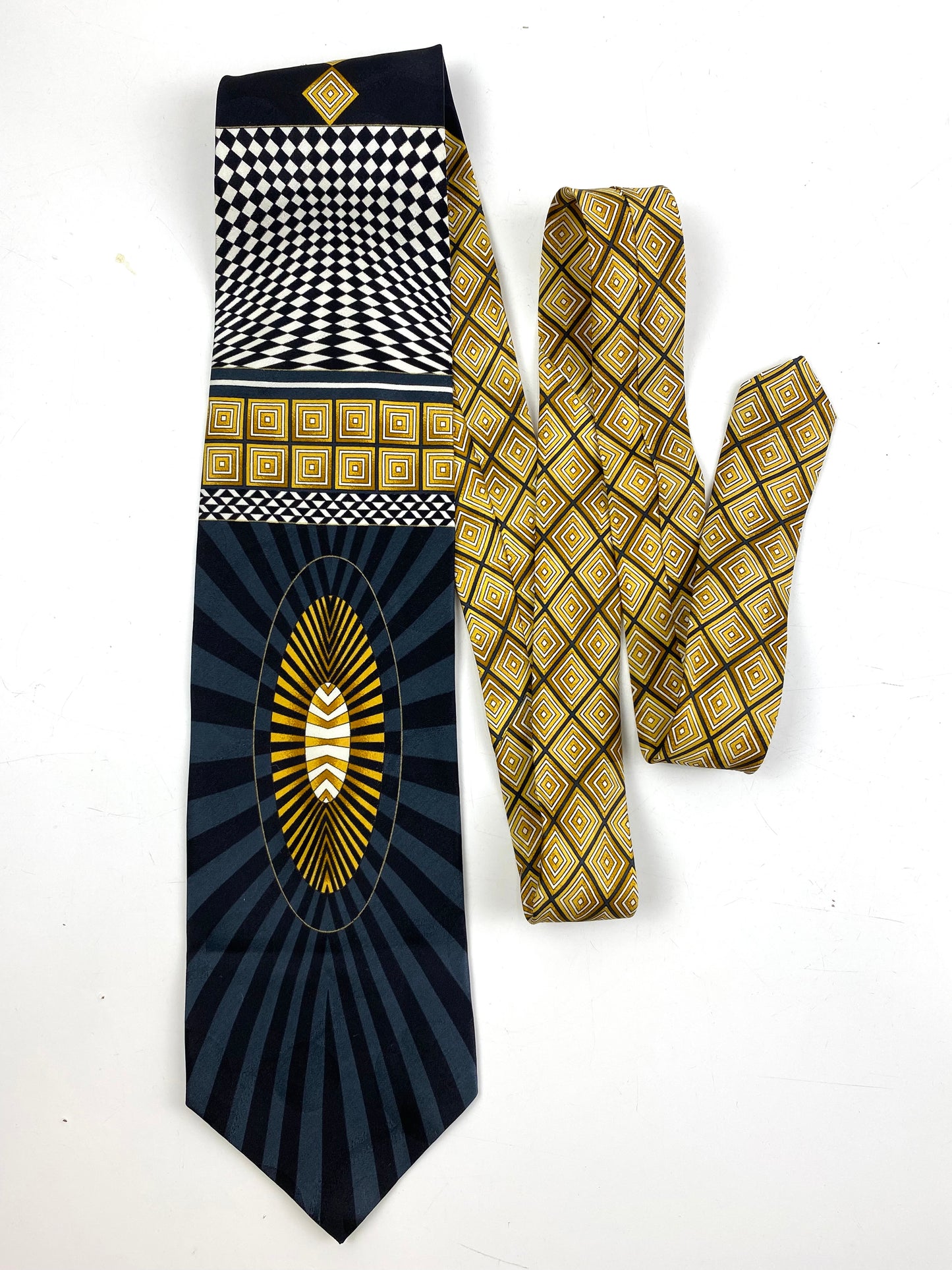 Front of: 90s Deadstock Necktie, Men's Vintage Black/White/Gold Art Deco Print Tie, NOS