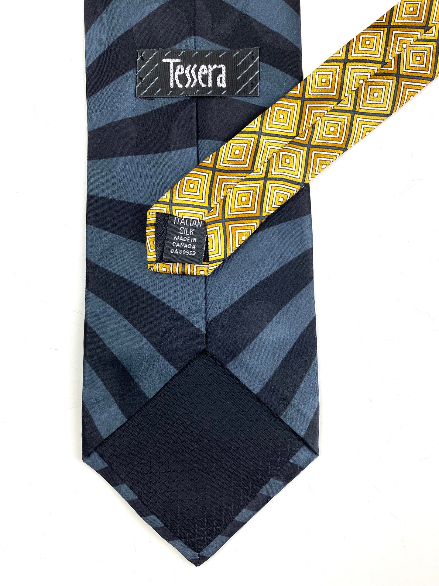 Back and labels of: 90s Deadstock Necktie, Men's Vintage Black/White/Gold Art Deco Print Tie, NOS