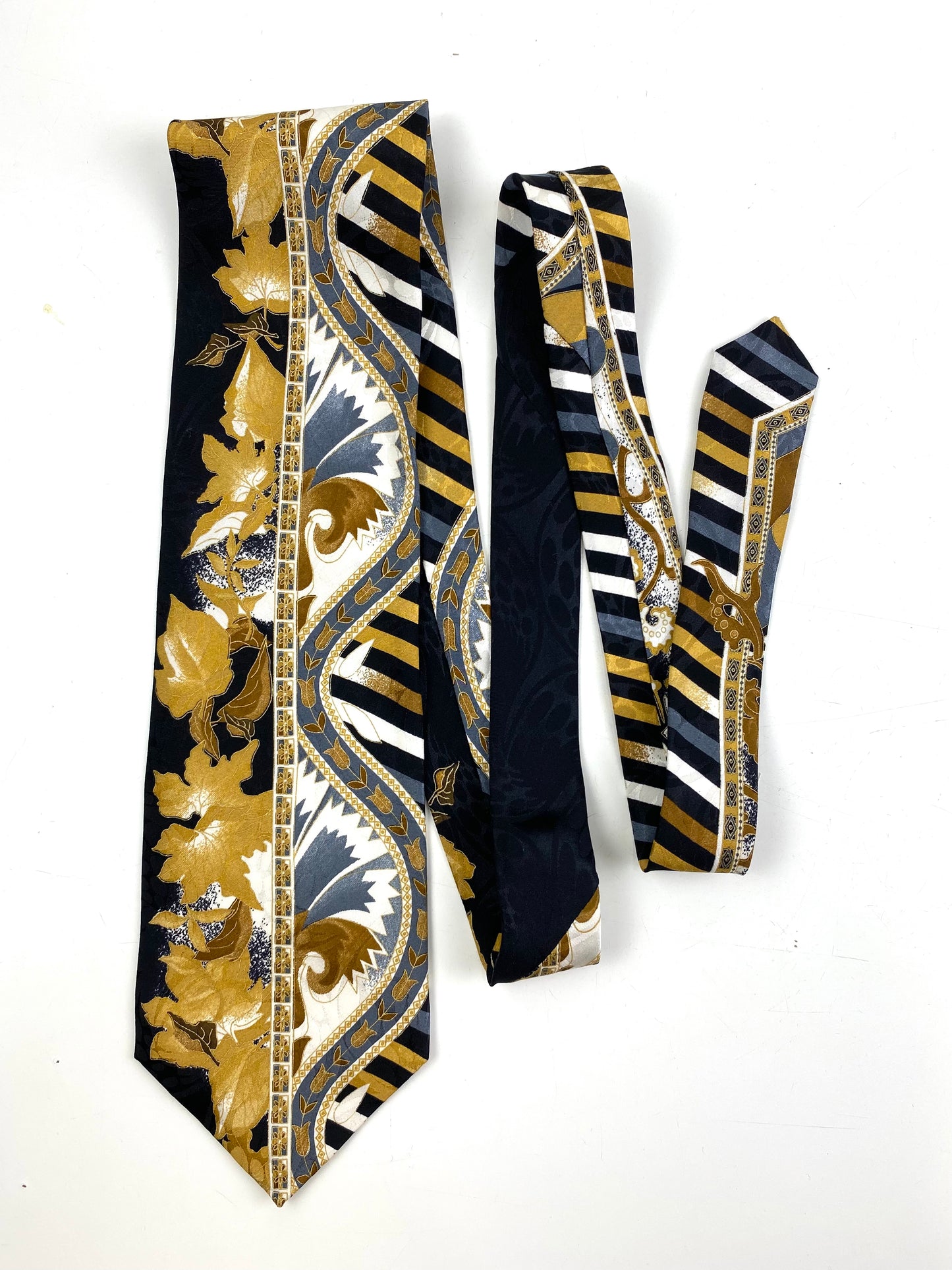 Front of: 90s Deadstock Silk Necktie, Men's Vintage Black/ Gold Foliage Pattern Tie, NOS