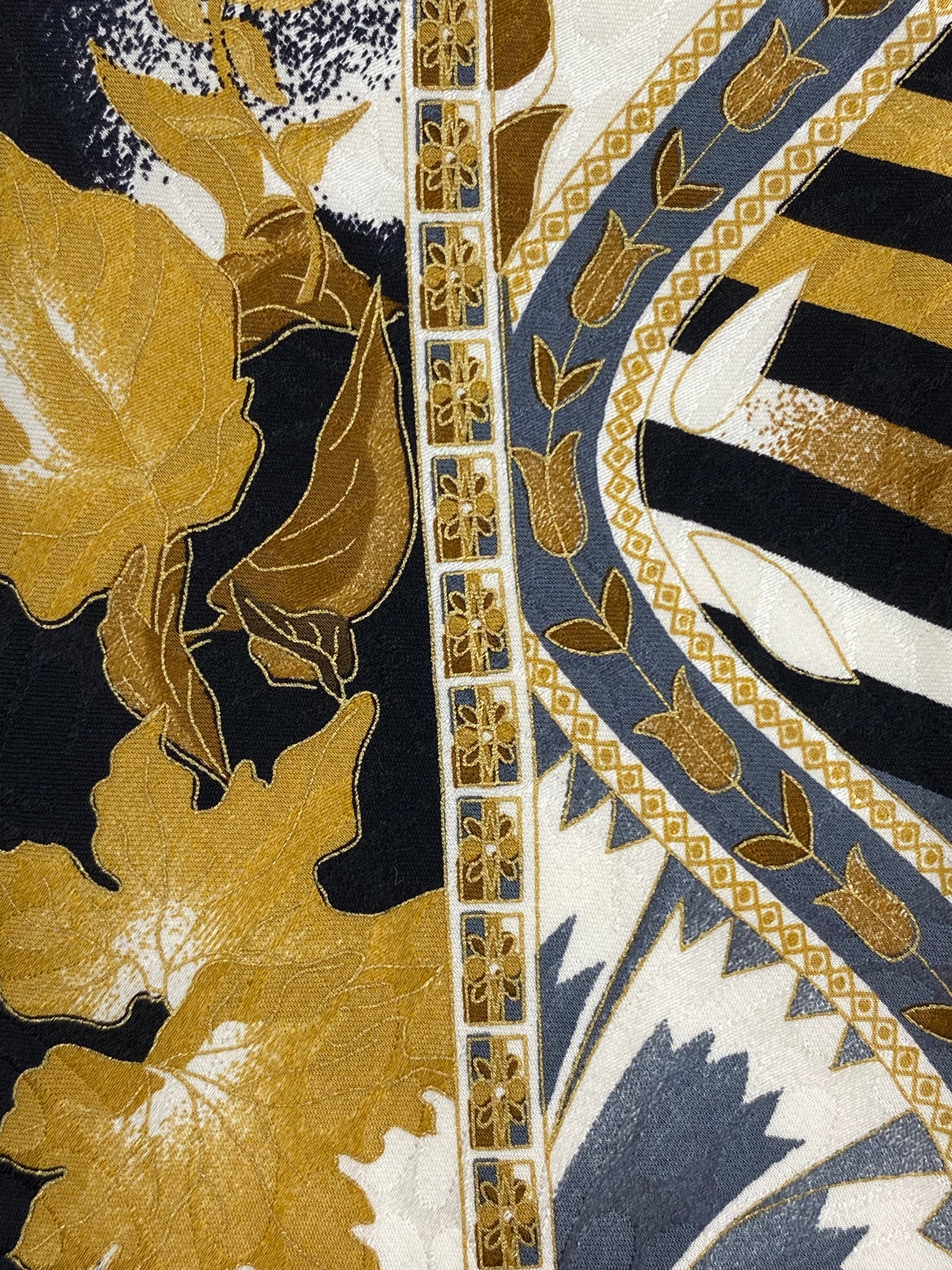 Close-up of: 90s Deadstock Silk Necktie, Men's Vintage Black/ Gold Foliage Pattern Tie, NOS