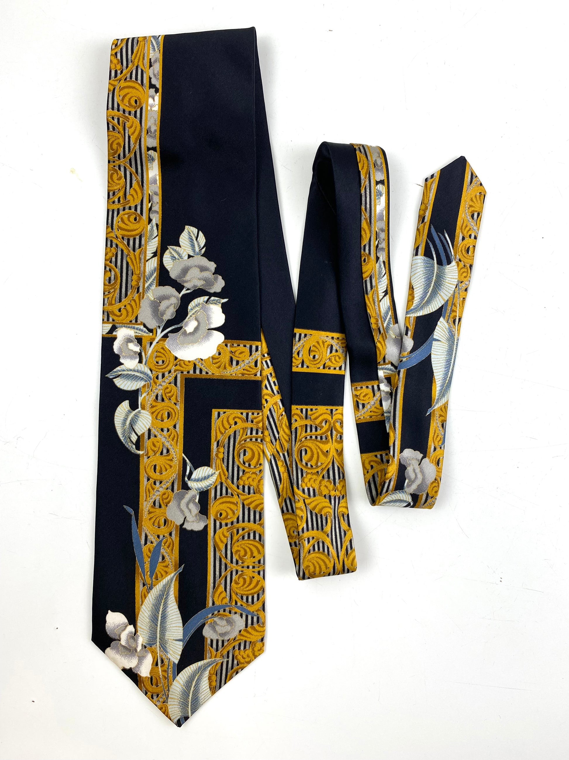 Front of: 90s Deadstock Silk Necktie, Men's Vintage Black/Gold Floral Oriental Pattern Tie, NOS