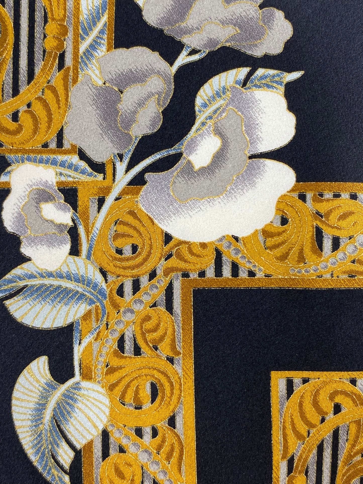 Close-up of: 90s Deadstock Silk Necktie, Men's Vintage Black/Gold Floral Oriental Pattern Tie, NOS