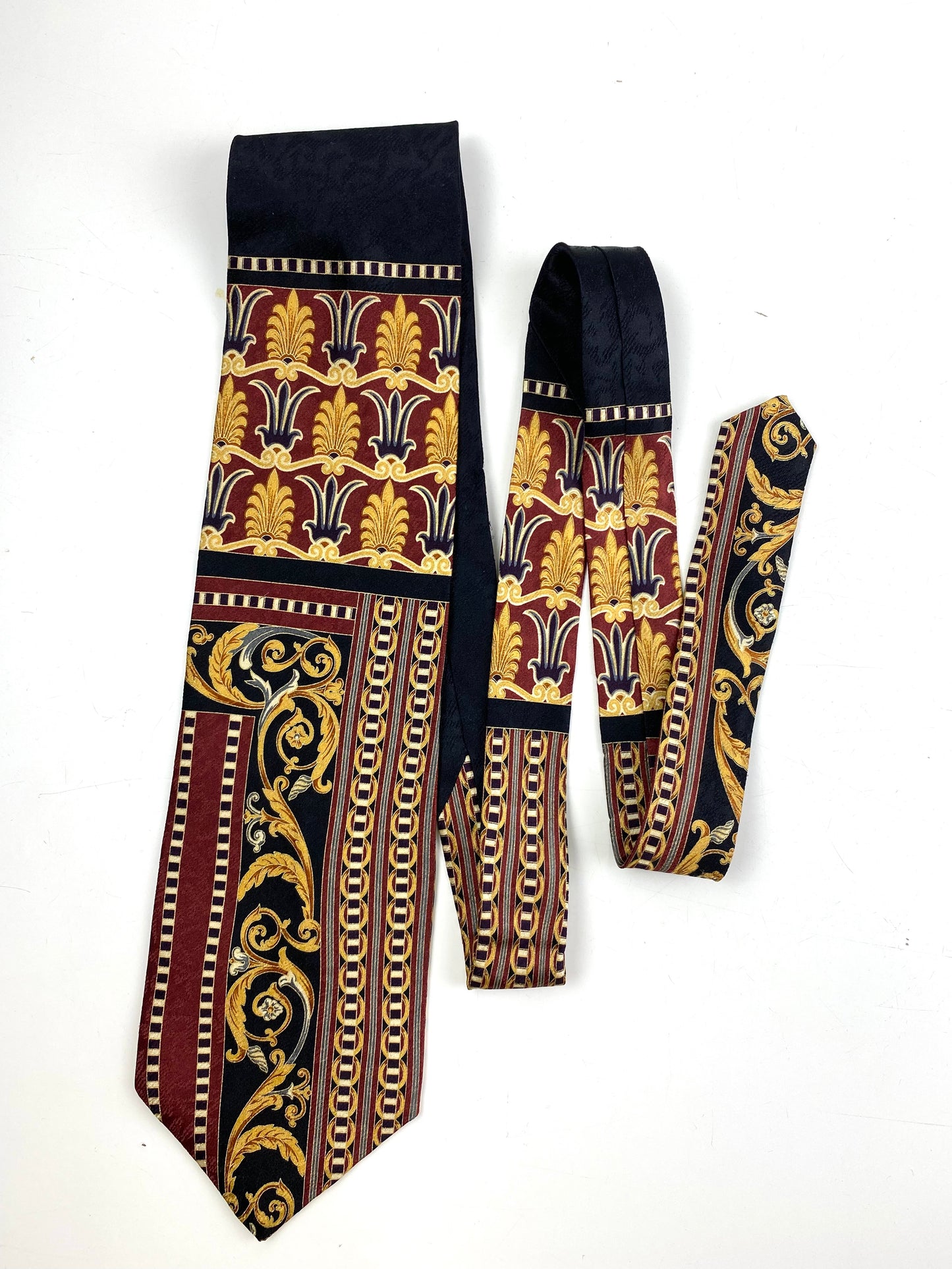 Front of: 90s Deadstock Silk Necktie, Men's Vintage Wine/ Gold Art Deco Filigree Pattern Tie, NOS