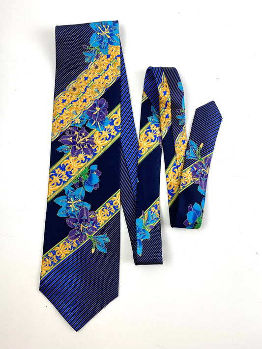 Front of: 90s Deadstock Silk Necktie, Men's Vintage Blue/ Purple Floral Oriental Pattern Tie, NOS