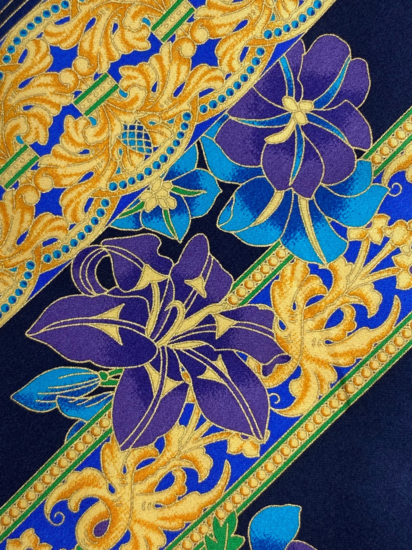 Close-up of: 90s Deadstock Silk Necktie, Men's Vintage Blue/ Purple Floral Oriental Pattern Tie, NOS