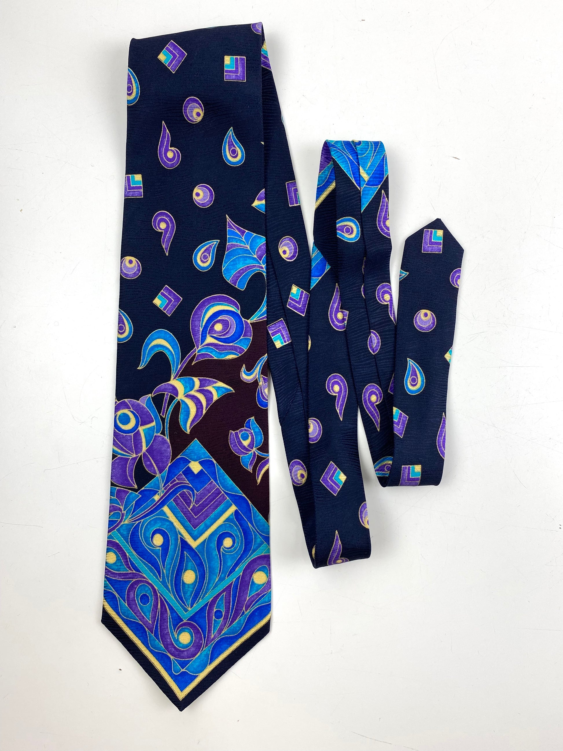 Front of: 90s Deadstock Silk Necktie, Men's Vintage Blue/ Purple Abstract Pattern Tie, NOS