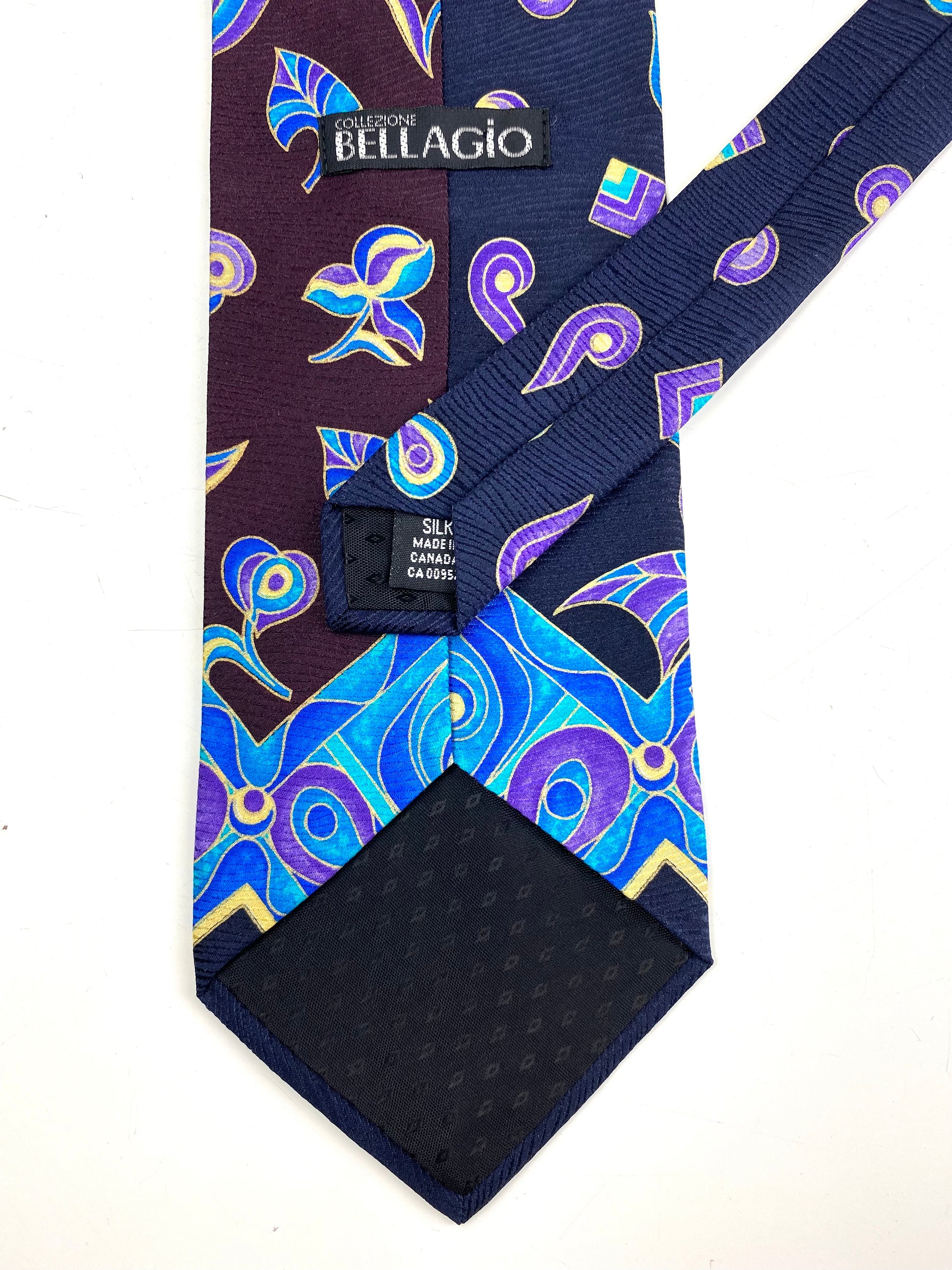 Back and labels of: 90s Deadstock Silk Necktie, Men's Vintage Blue/ Purple Abstract Pattern Tie, NOS