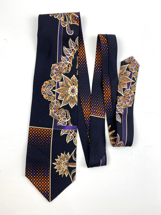 Front of: 90s Deadstock Silk Necktie, Men's Vintage Purple/ Gold Floral Oriental Pattern Tie, NOS