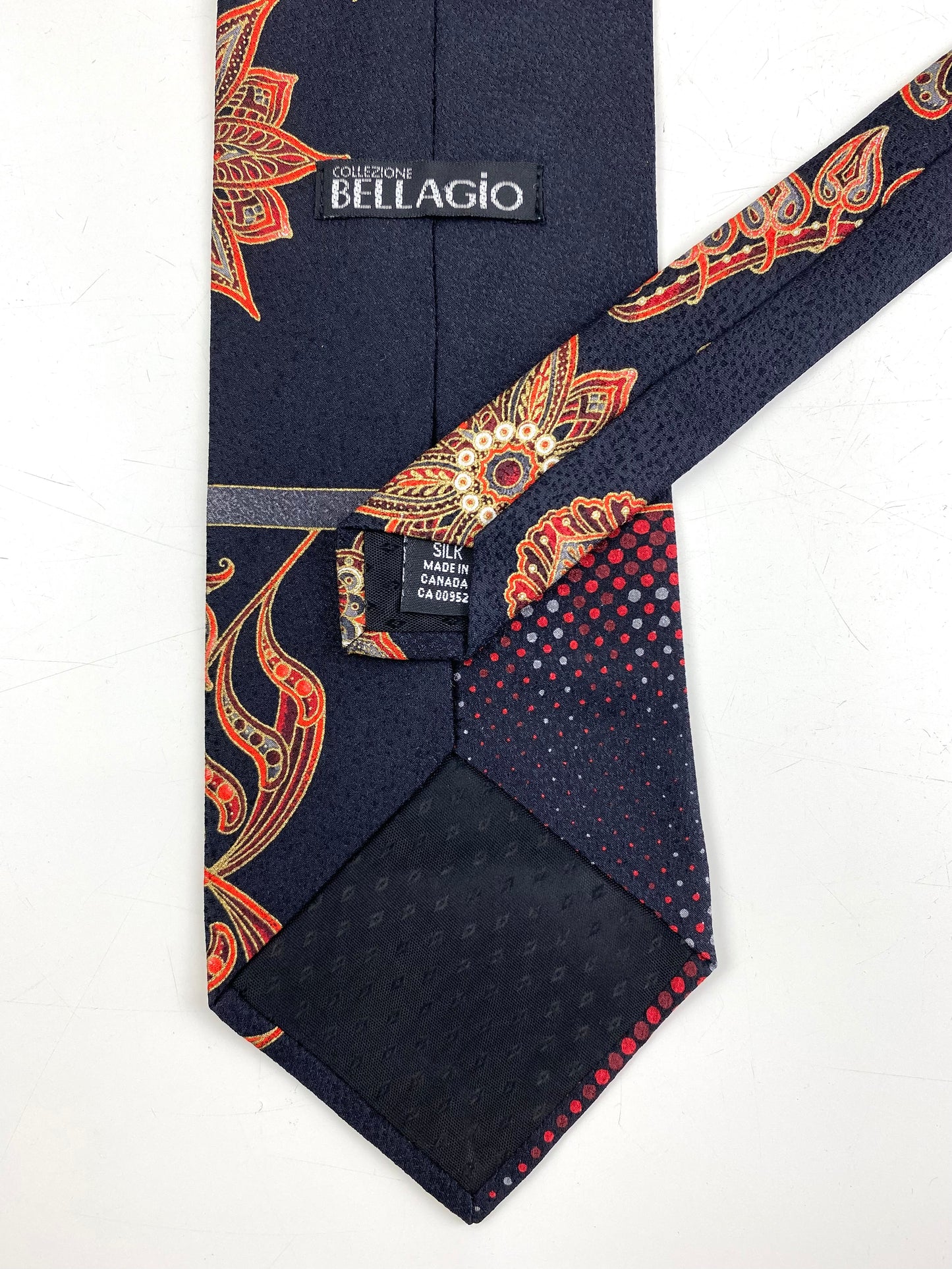 Back and labels of: 90s Deadstock Silk Necktie, Men's Vintage Purple/ Gold Oriental Pattern Tie, NOS