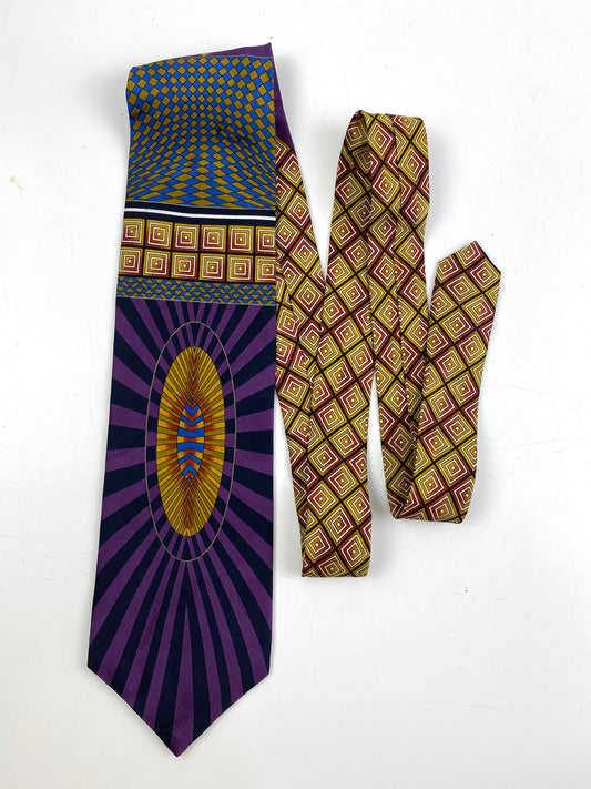 Front of: 90s Deadstock Silk Necktie, Men's Vintage Purple/ Blue Art Deco Print Tie, NOS