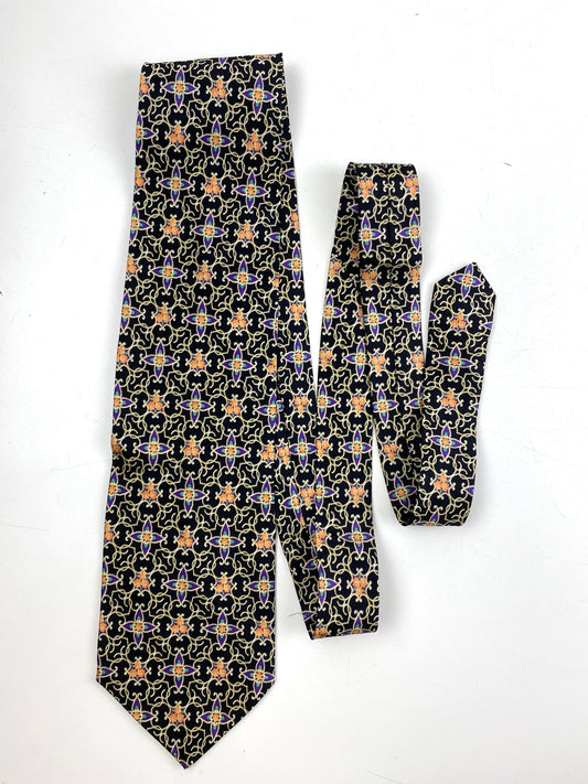 Front of: 90s Deadstock Silk Necktie, Men's Vintage Black/ Purple/ Gold Geometric Art Deco Pattern Tie, NOS