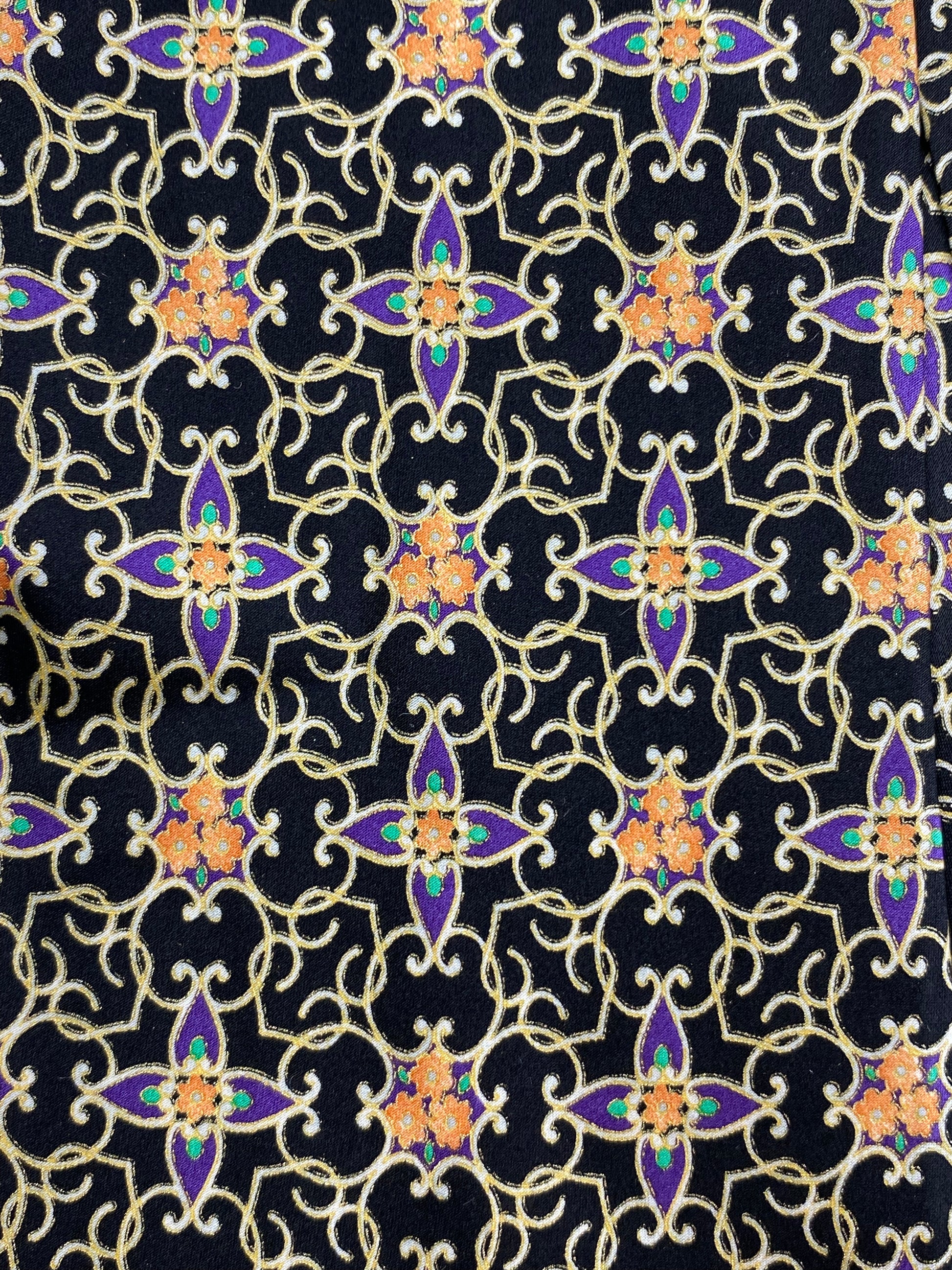 Close-up of: 90s Deadstock Silk Necktie, Men's Vintage Black/ Purple/ Gold Geometric Art Deco Pattern Tie, NOS