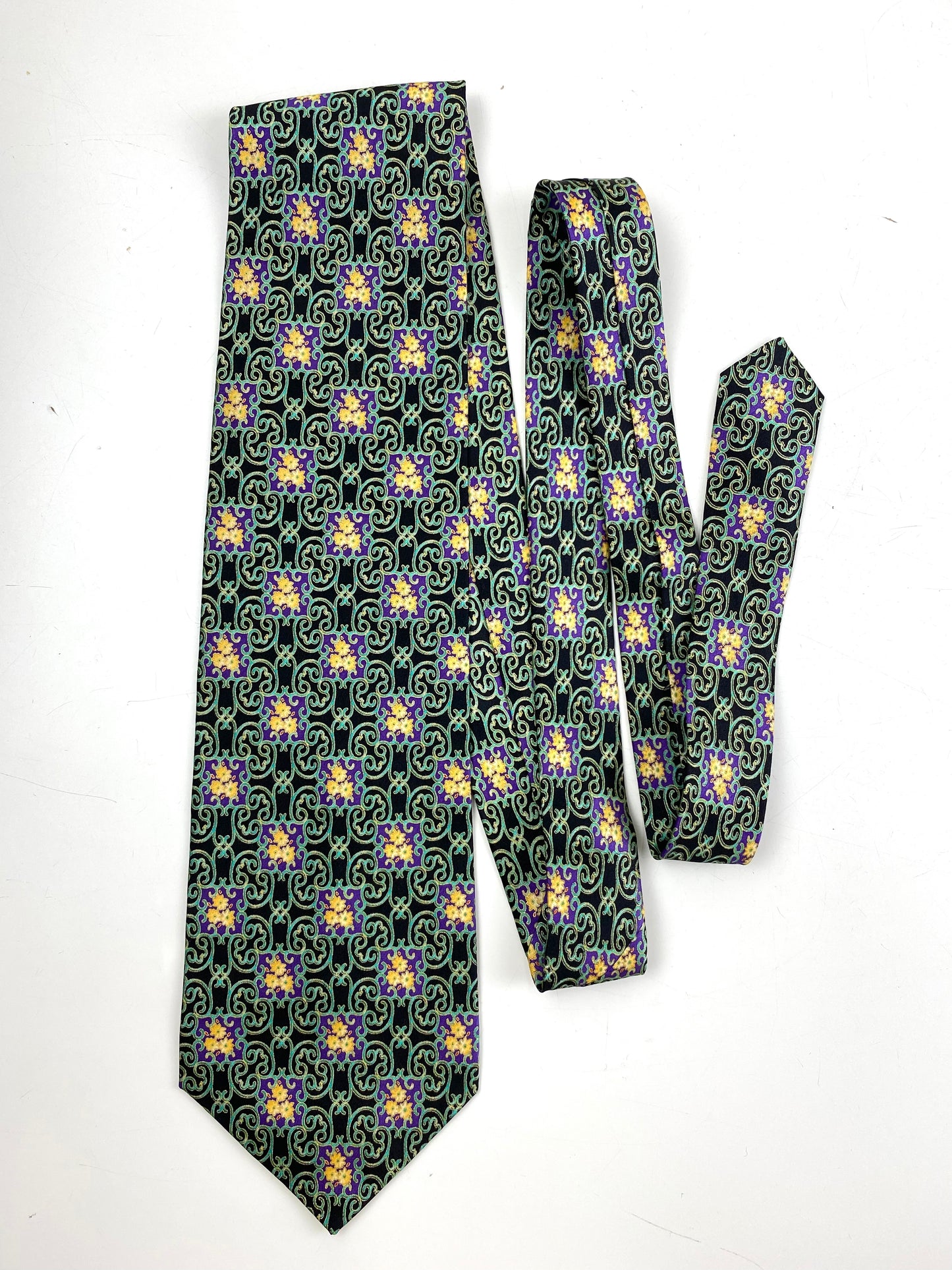 Front of: 90s Deadstock Silk Necktie, Men's Vintage Green Purple Geometric Art Deco Pattern Tie, NOS