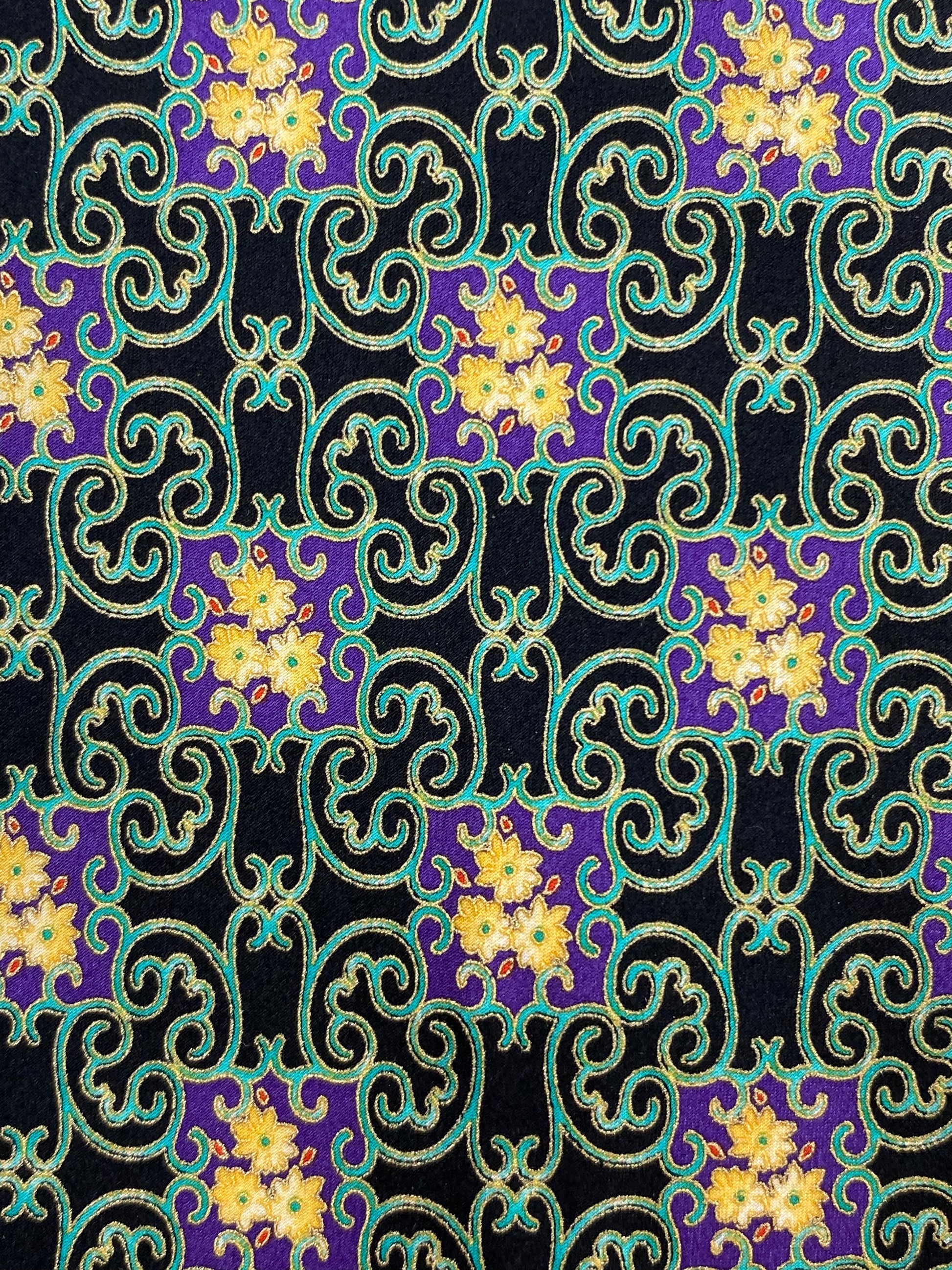 Close-up of: 90s Deadstock Silk Necktie, Men's Vintage Green Purple Geometric Art Deco Pattern Tie, NOS
