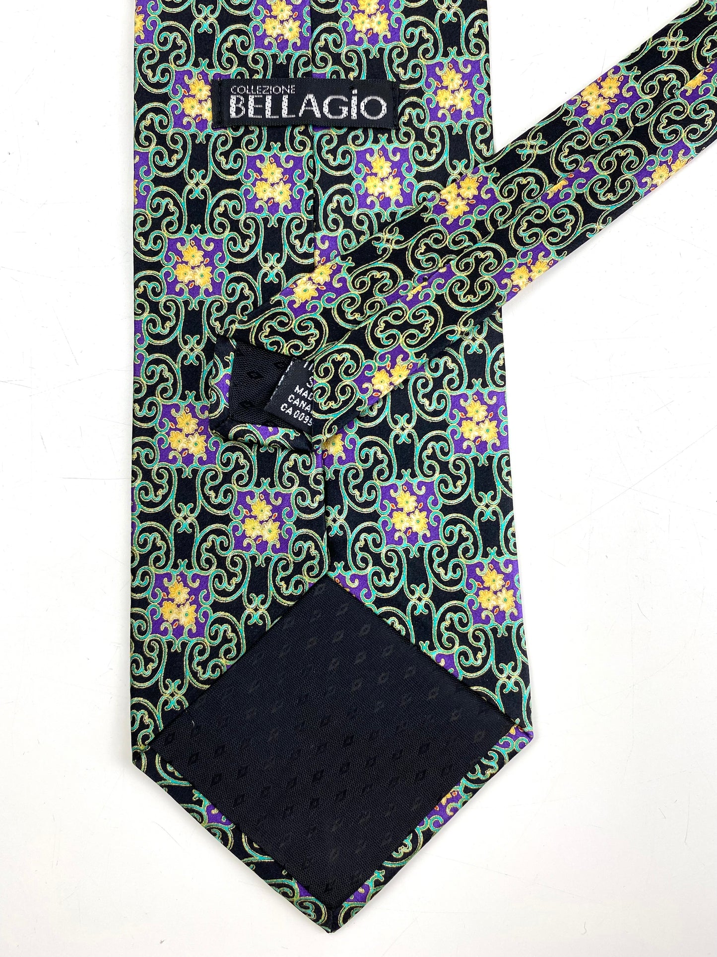 Back and labels of: 90s Deadstock Silk Necktie, Men's Vintage Green Purple Geometric Art Deco Pattern Tie, NOS