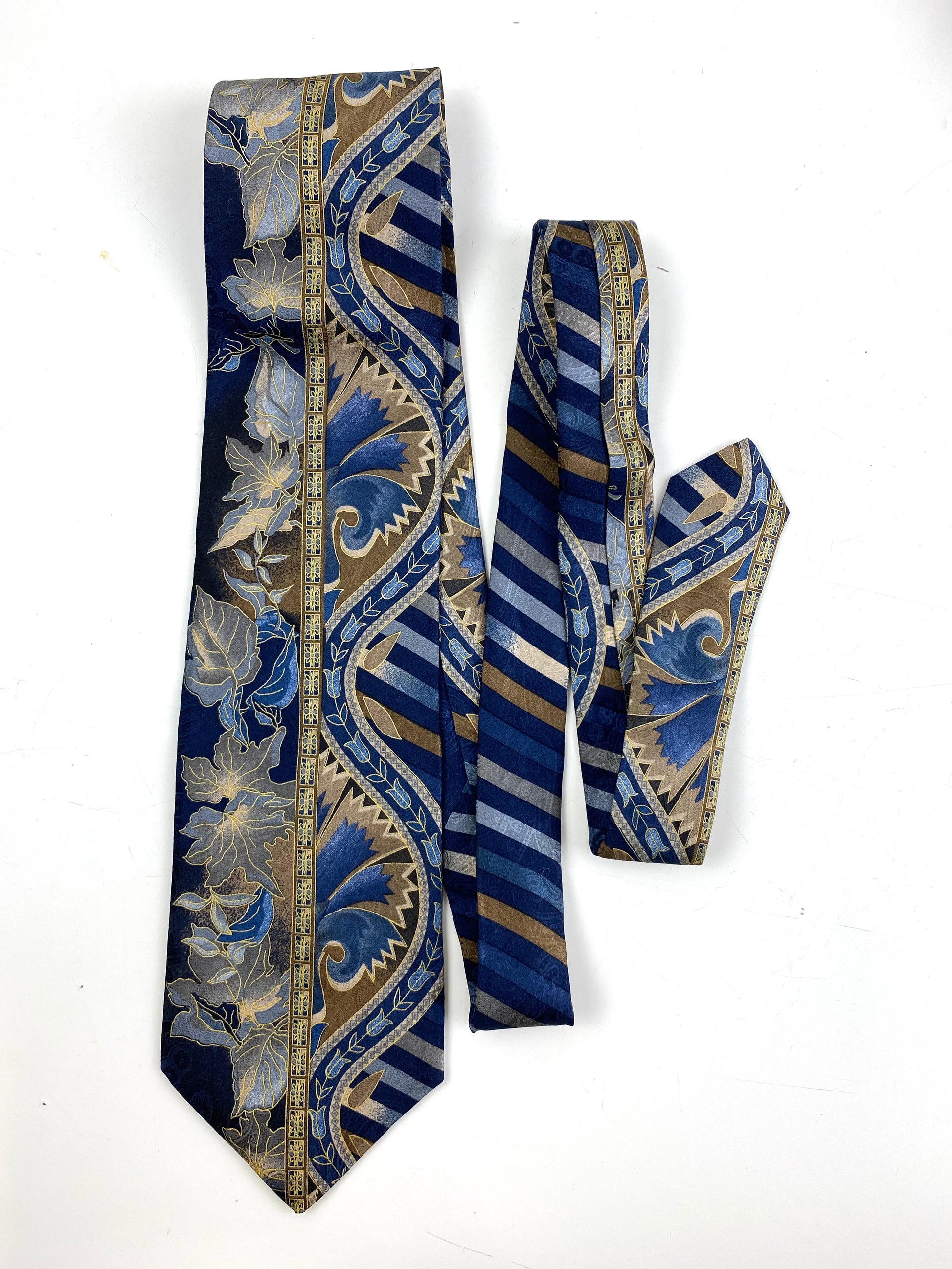 Front of: 90s Deadstock Silk Necktie, Men's Vintage Blue/Taupe Oriental Foliage Pattern Tie, NOS