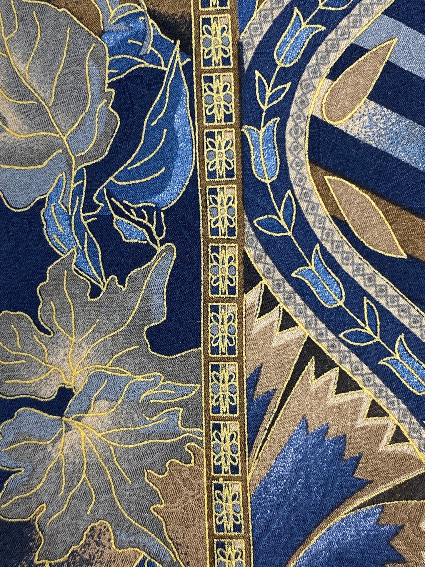Close-up of: 90s Deadstock Silk Necktie, Men's Vintage Blue/Taupe Oriental Foliage Pattern Tie, NOS