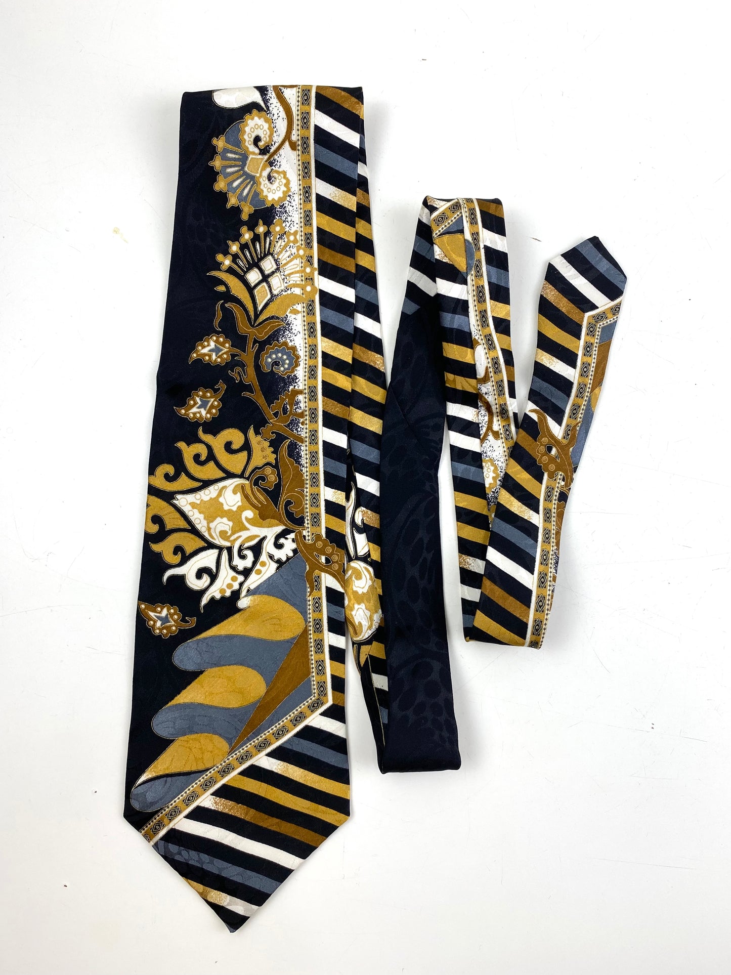 Front of: 90s Deadstock Silk Necktie, Men's Vintage Black/Grey/Gold Oriental Pattern Tie, NOS