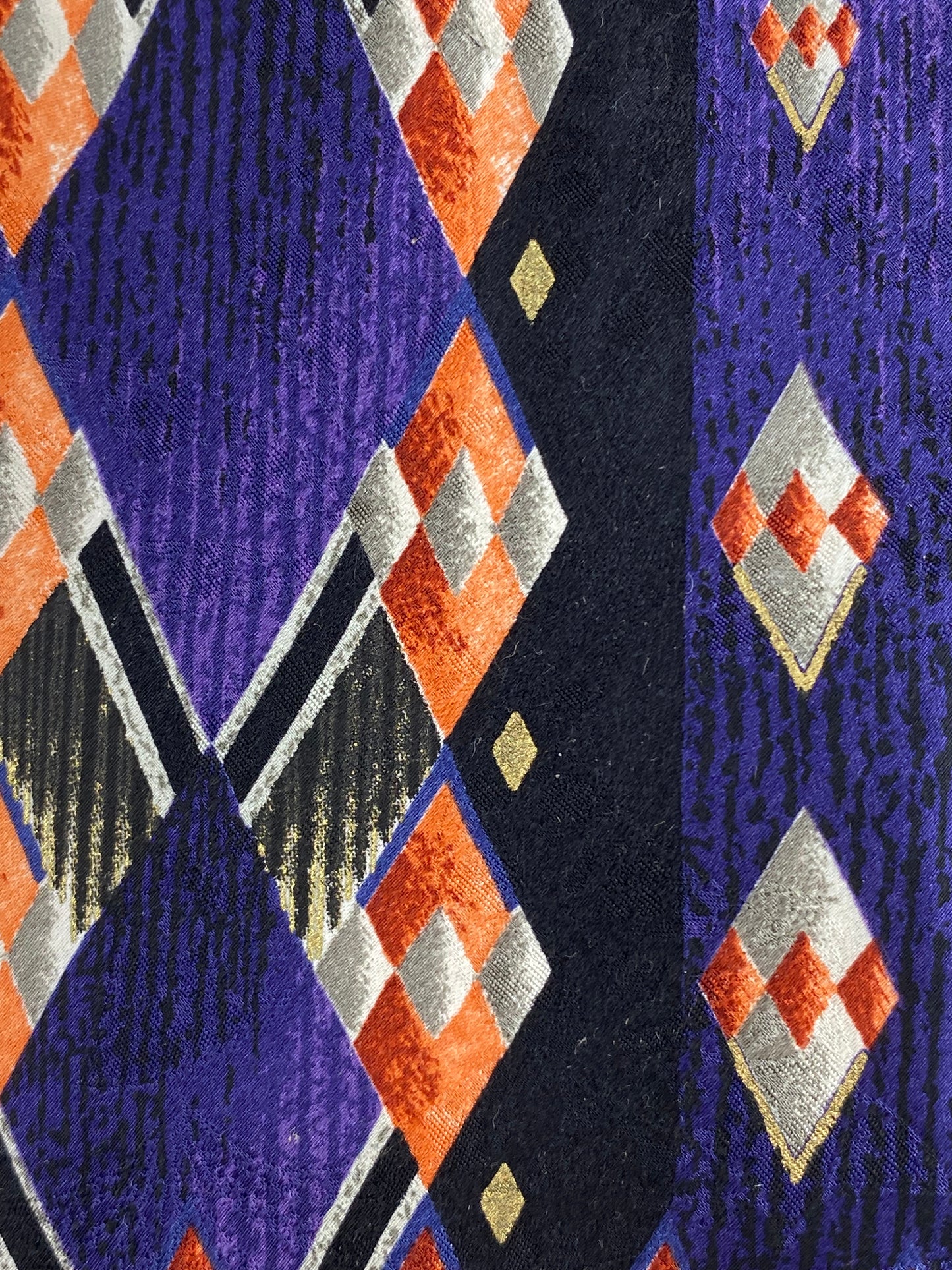 Close-up of: 90s Deadstock Silk Necktie, Men's Vintage Purple/ Black Geometric Art Deco Pattern Tie, NOS