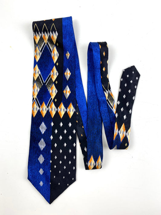 Front of: 90s Deadstock Silk Necktie, Men's Vintage Black/Blue Geometric Art Deco Pattern Tie, NOS