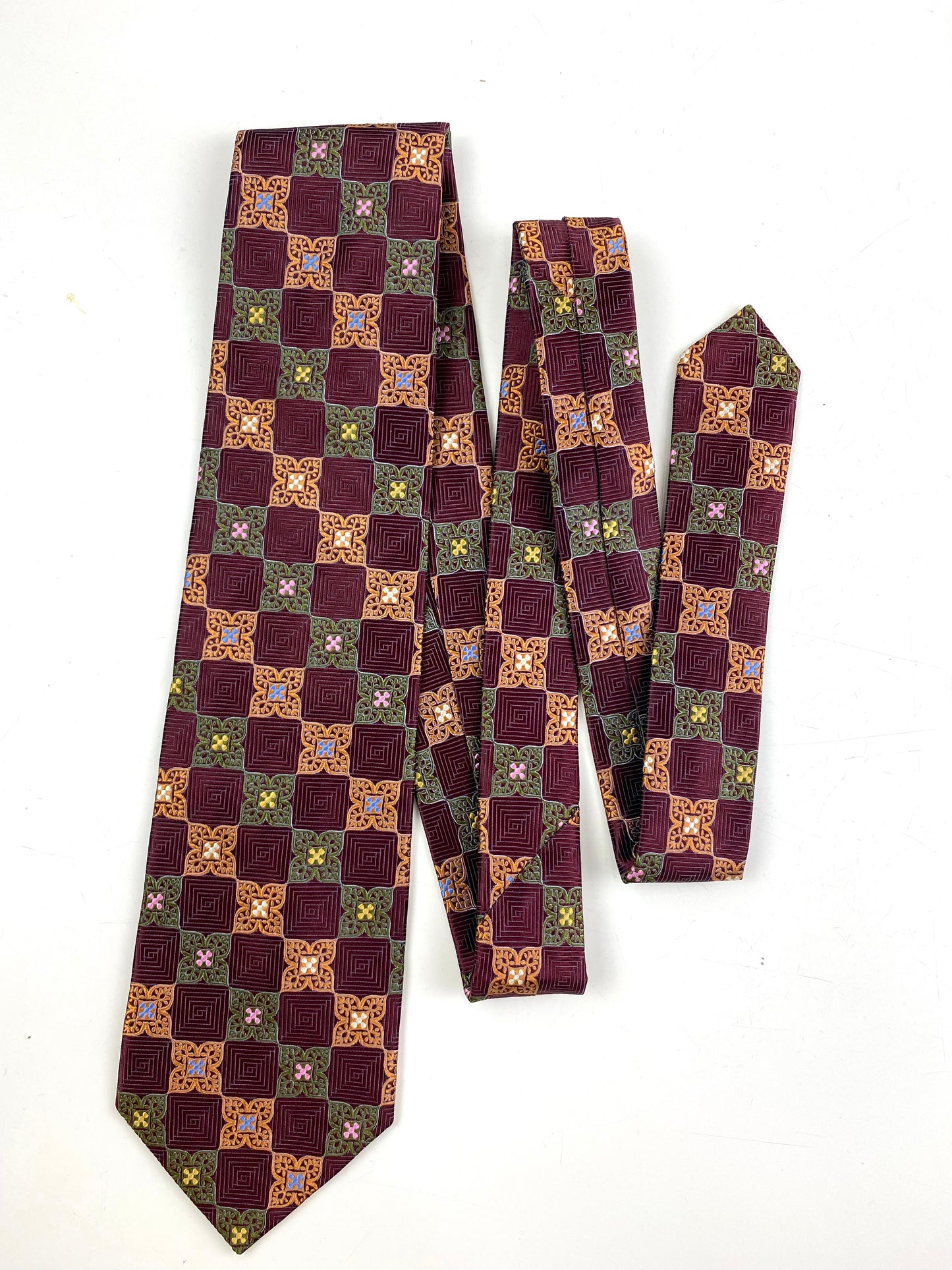 Front of: 90s Deadstock Silk Necktie, Men's Vintage Orange/ Green/ Maroon Moroccan Pattern Tie, NOS