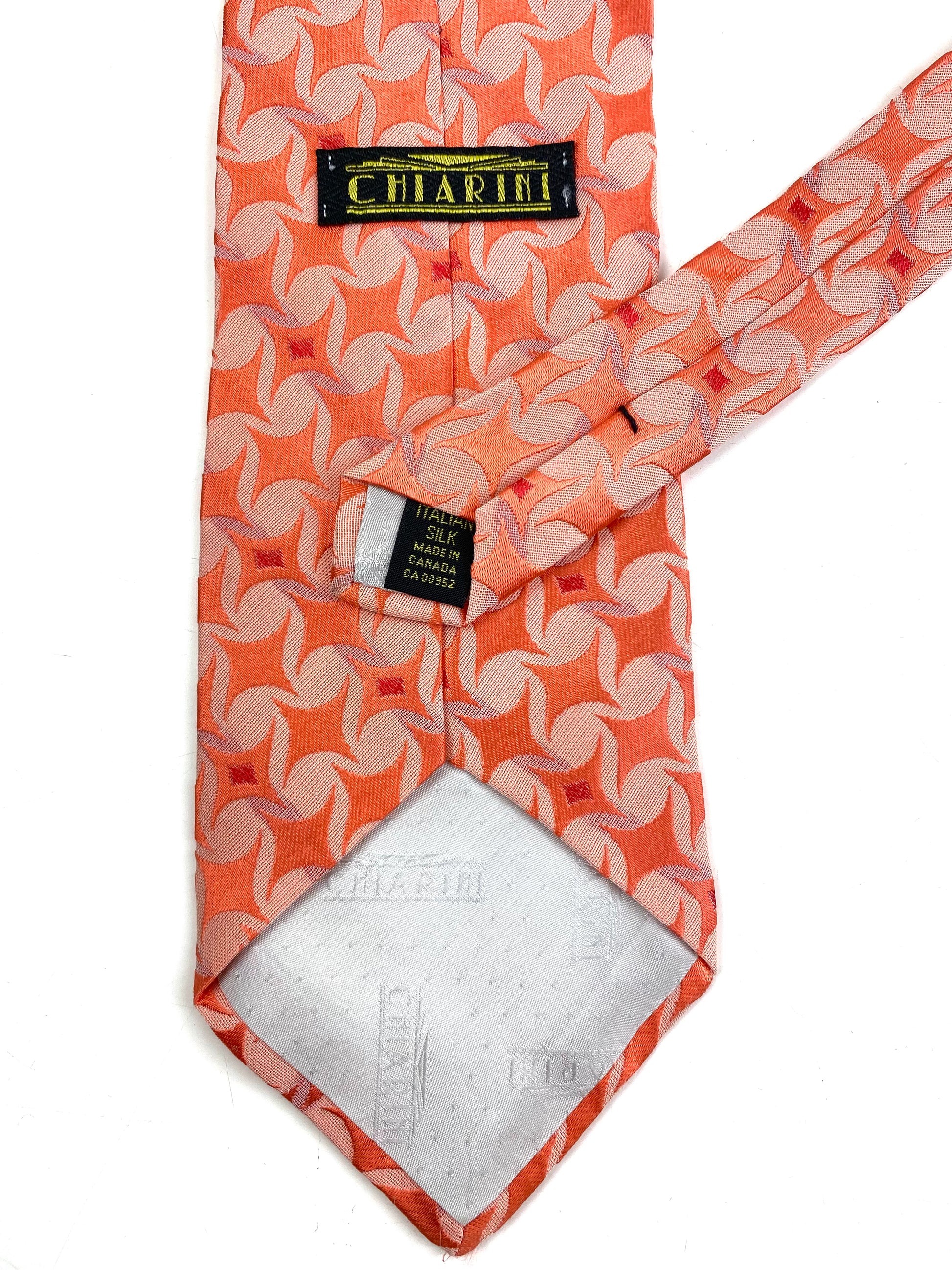 Back and labels: 90s Deadstock Silk Necktie, Men's Vintage Peach Colour Geometric Pattern Tie, NOS