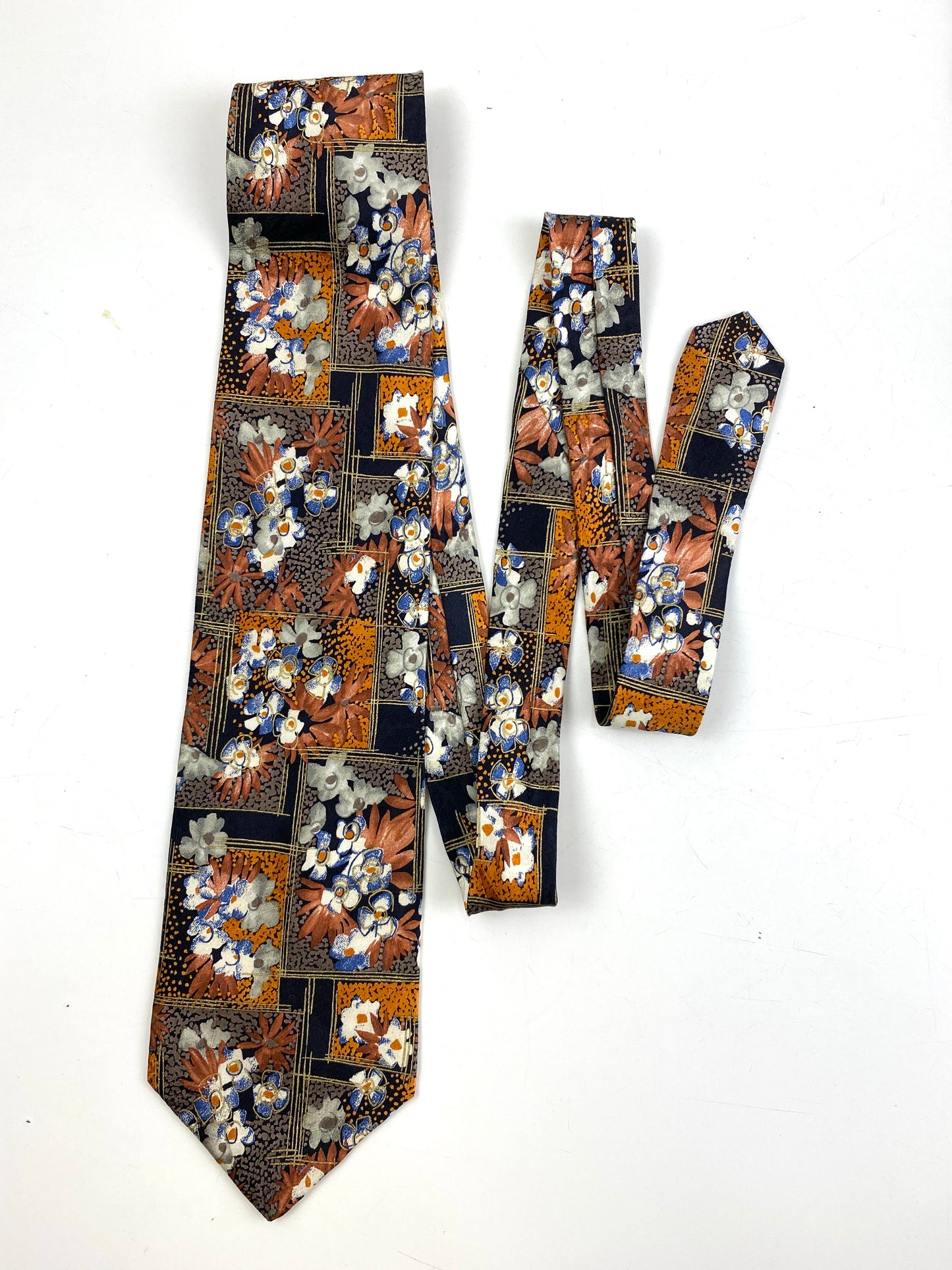 Front of: 90s Deadstock Silk Necktie, Men's Vintage Orange/ Brown Floral Pattern Tie, NOS