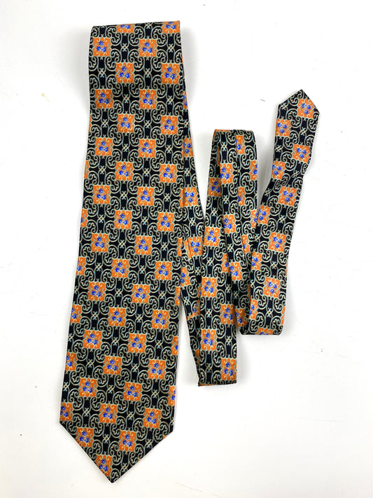 Front of: 90s Deadstock Silk Necktie, Men's Vintage Orange/ Black/ Blue Moroccan Pattern Tie, NOS