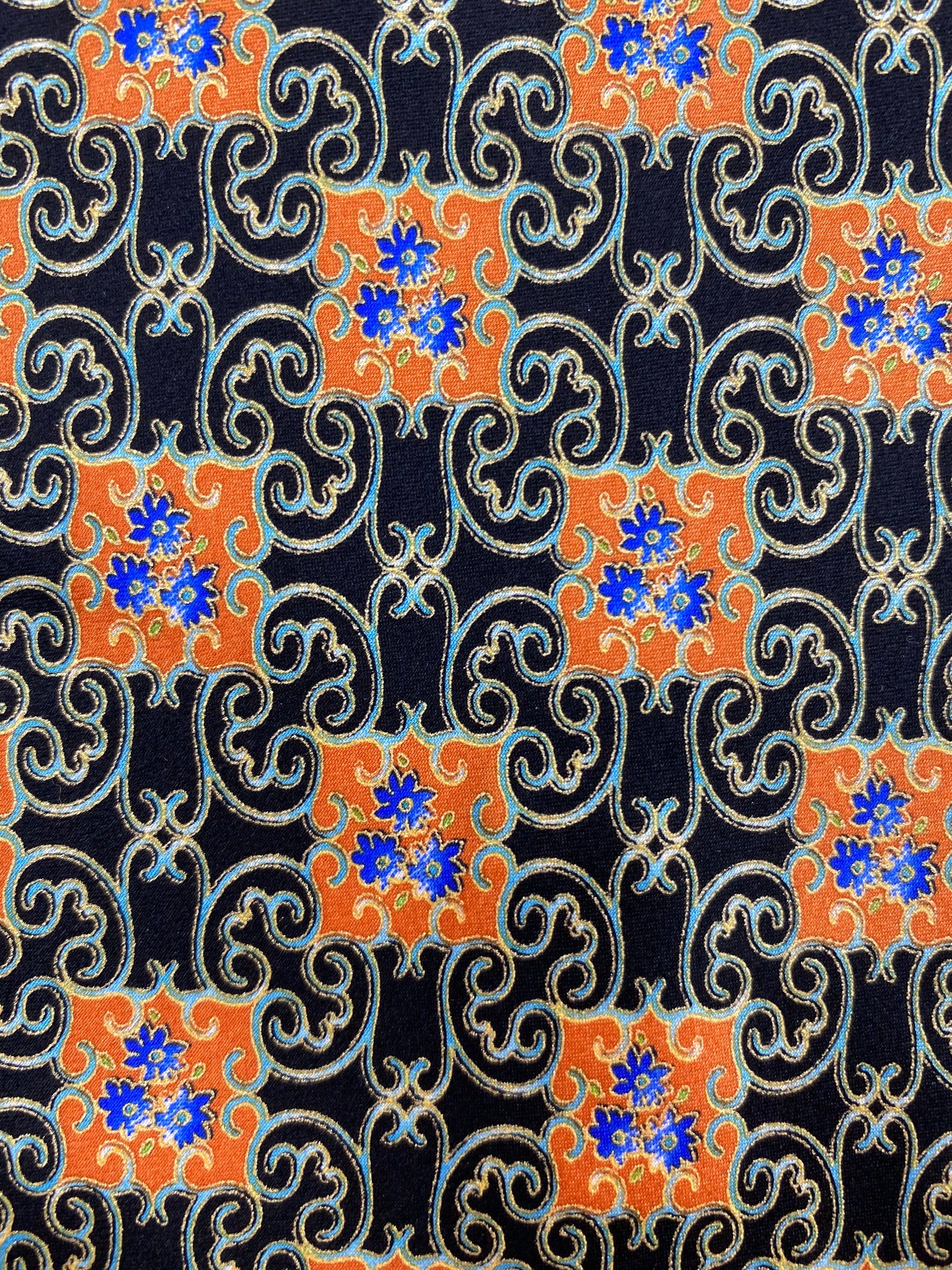 Close-up detail of: 90s Deadstock Silk Necktie, Men's Vintage Orange/ Black/ Blue Moroccan Pattern Tie, NOS