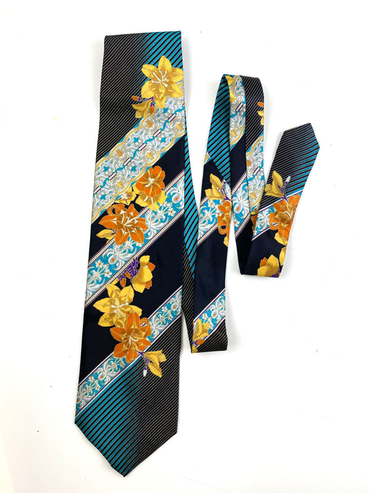Front of: 90s Deadstock Silk Necktie, Men's Vintage  Black/ Gold/ Turquoise Floral Pattern Tie, NOS