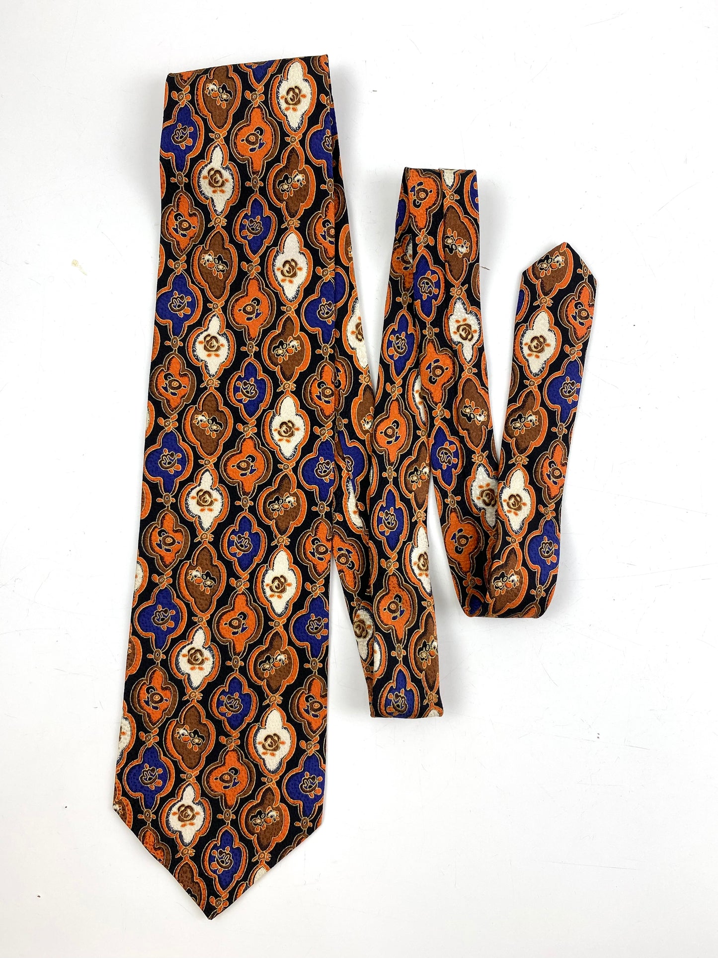 Front of: 90s Deadstock Silk Necktie, Men's Vintage Orange/ Purple/ Brown Abstract Pattern Tie, NOS