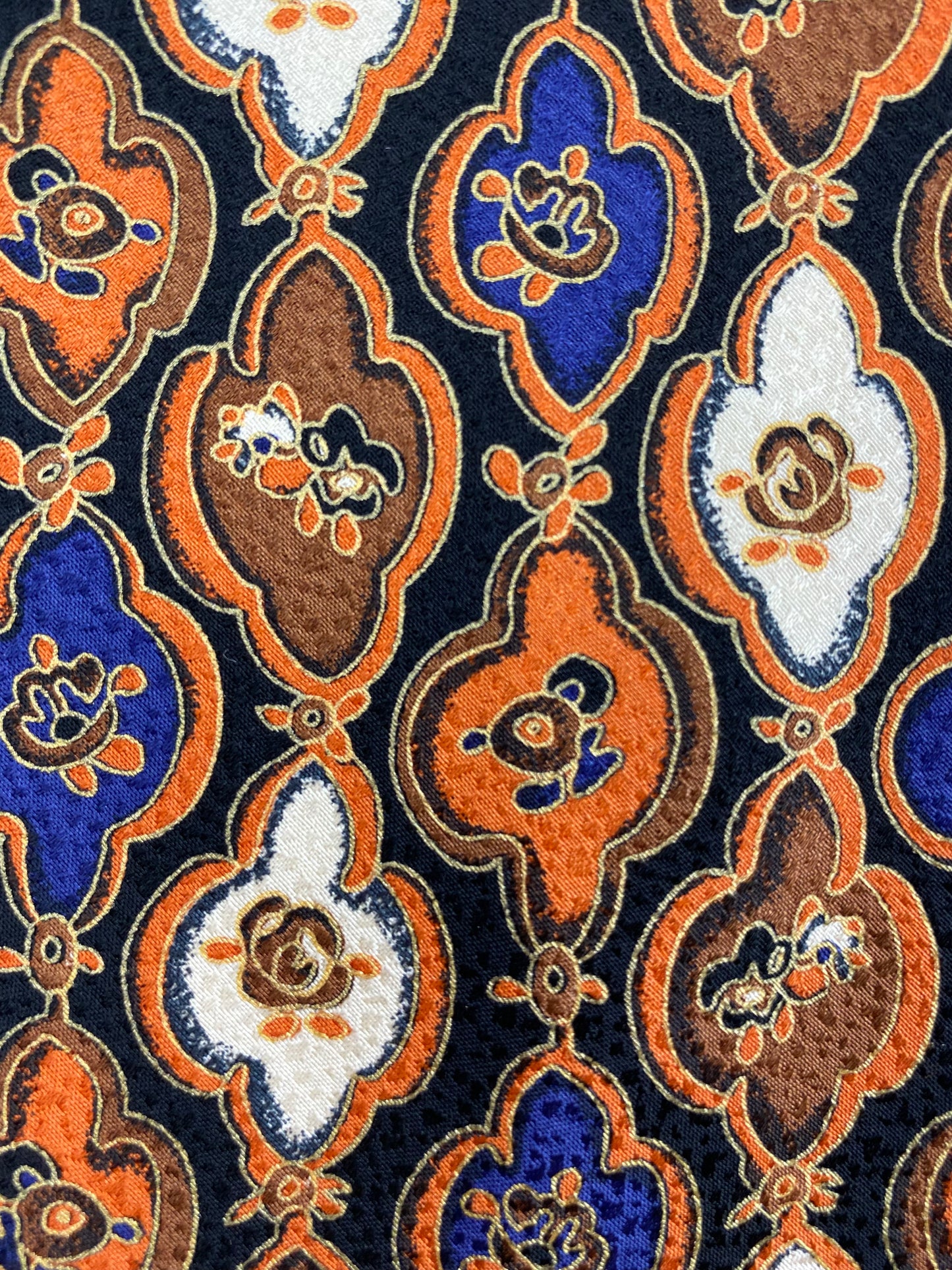 Close-up detail of: 90s Deadstock Silk Necktie, Men's Vintage Orange/ Purple/ Brown Abstract Pattern Tie, NOS