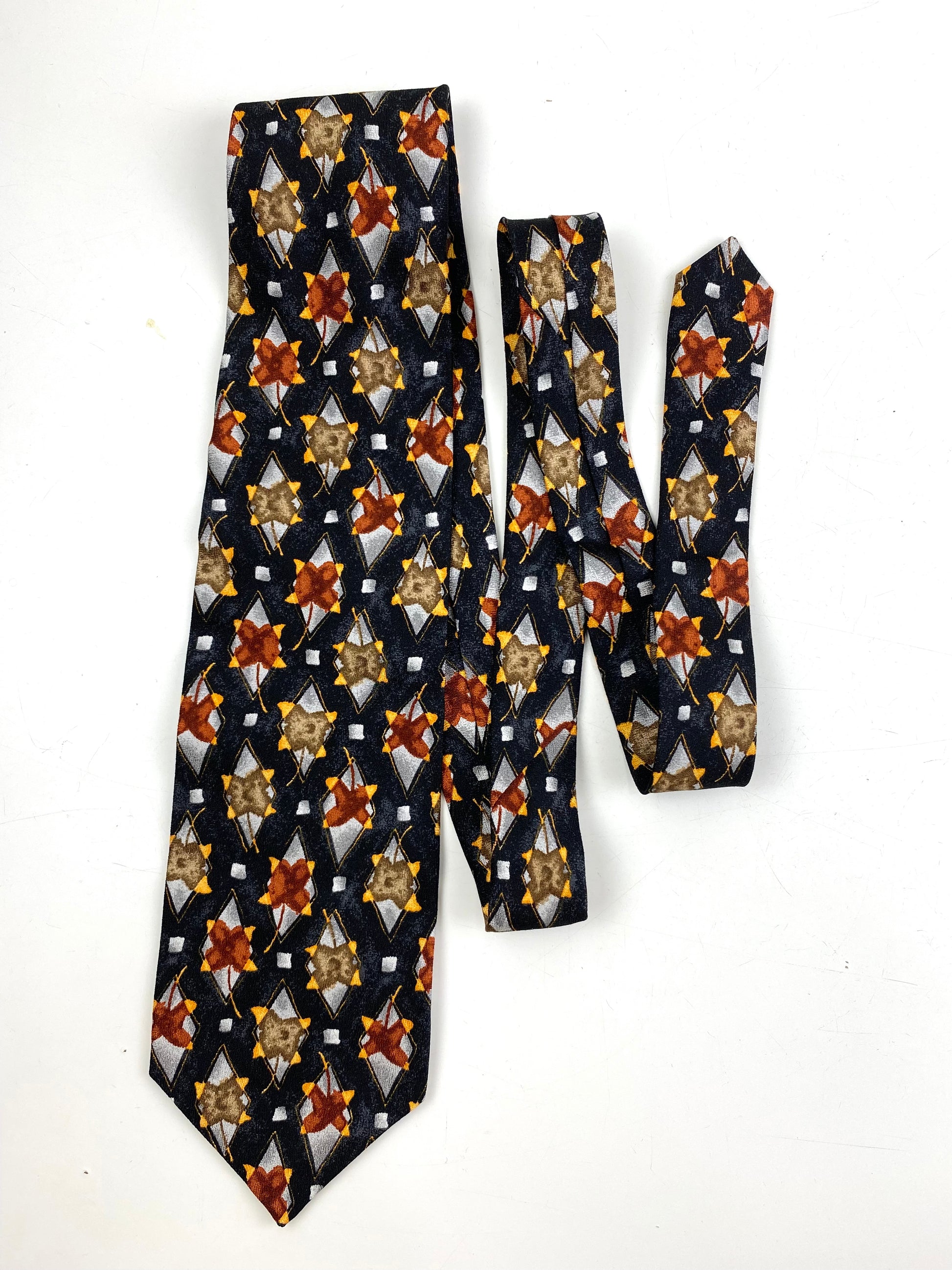 Front of: 90s Deadstock Silk Necktie, Men's Vintage Grey/ Rust/ Yellow Floral  Diamond Pattern Tie, NOS