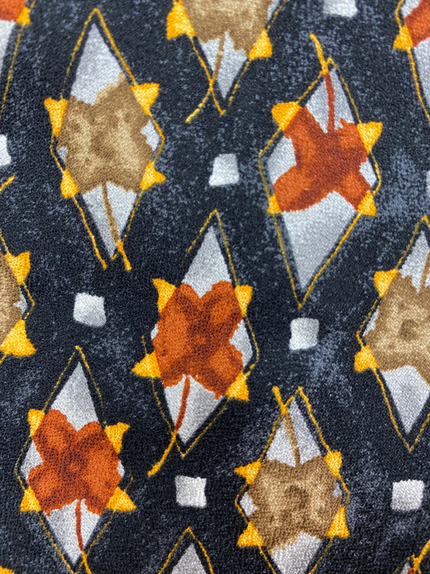 Close-up detail of: 90s Deadstock Silk Necktie, Men's Vintage Grey/ Rust/ Yellow Floral  Diamond Pattern Tie, NOS