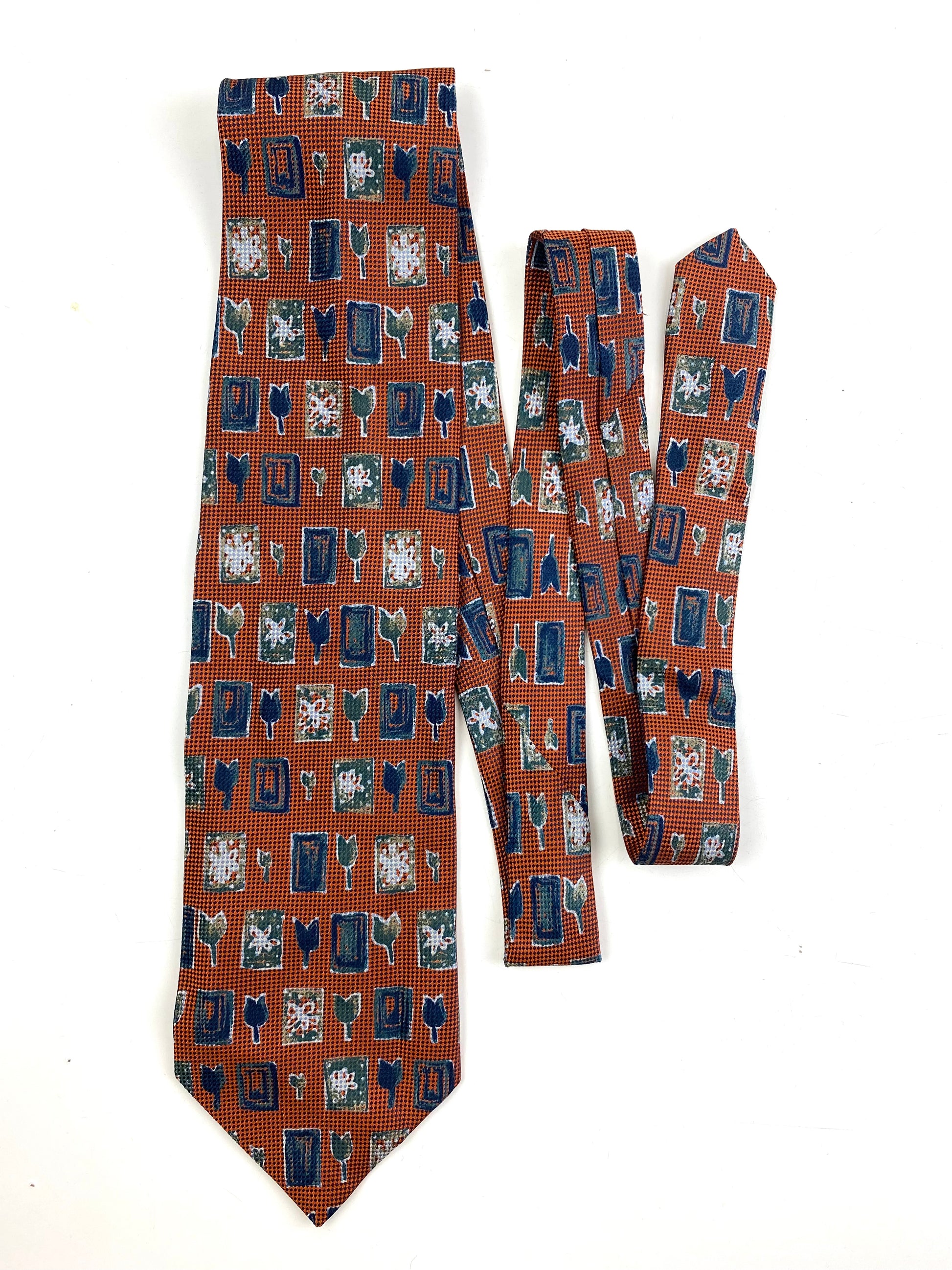 Front of: 90s Deadstock Silk Necktie, Men's Vintage Orange/ Blue/ Green Tulip Rectangle Pattern Tie, NOS