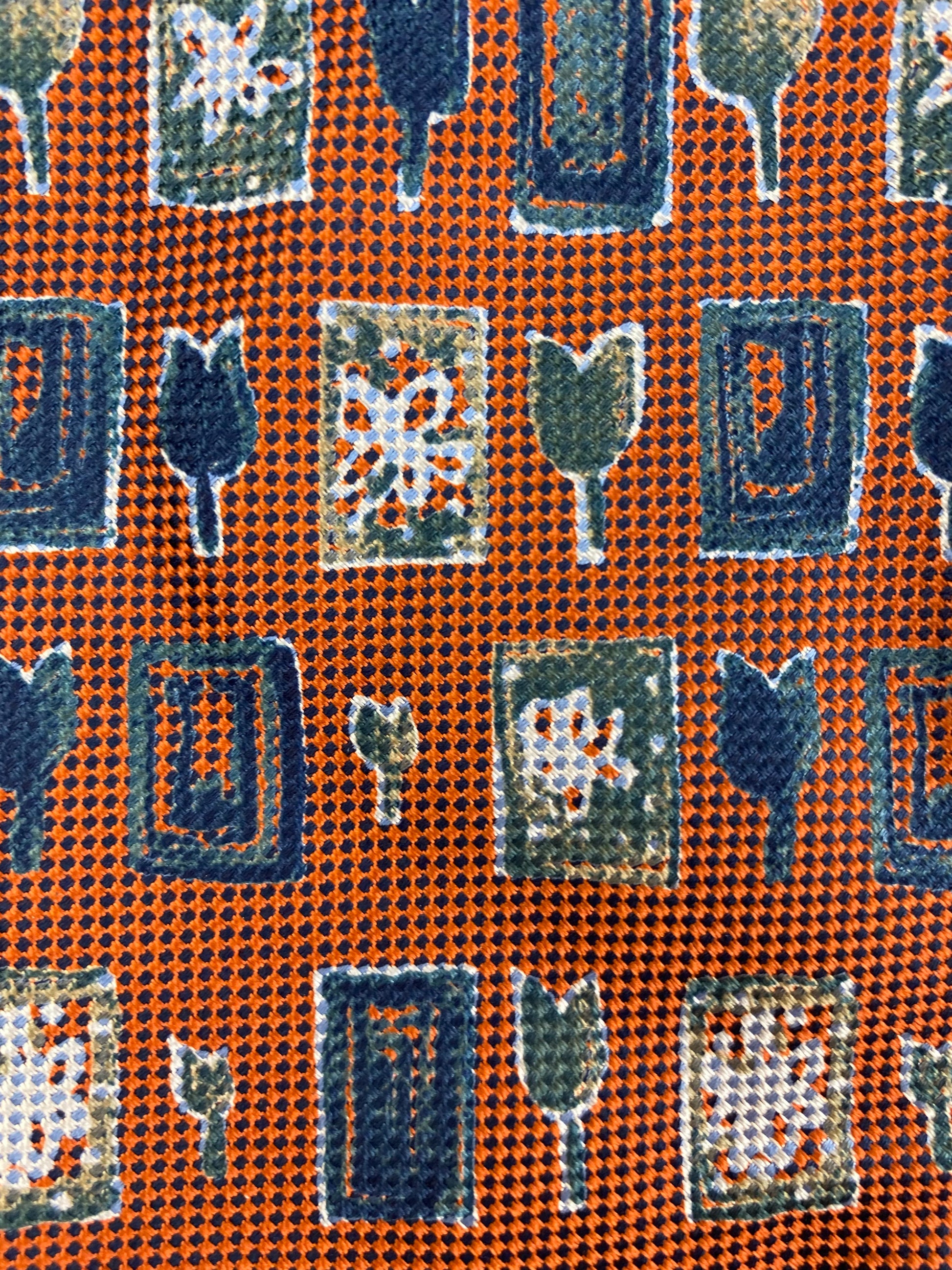 Close-up detail of: 90s Deadstock Silk Necktie, Men's Vintage Orange/ Blue/ Green Tulip Rectangle Pattern Tie, NOS