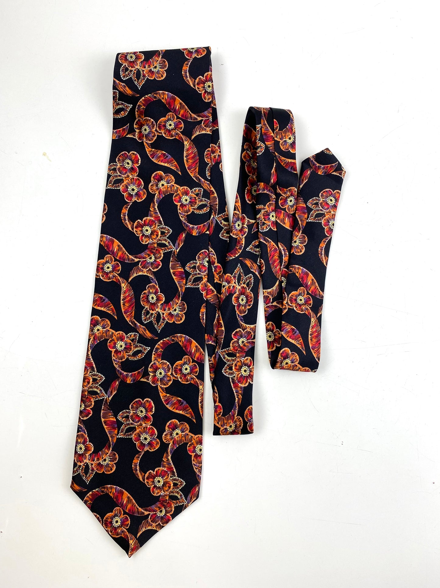 Front of: 90s Deadstock Silk Necktie, Men's Vintage Black/ Orange/ Red Floral Ribbon Pattern Tie, NOS