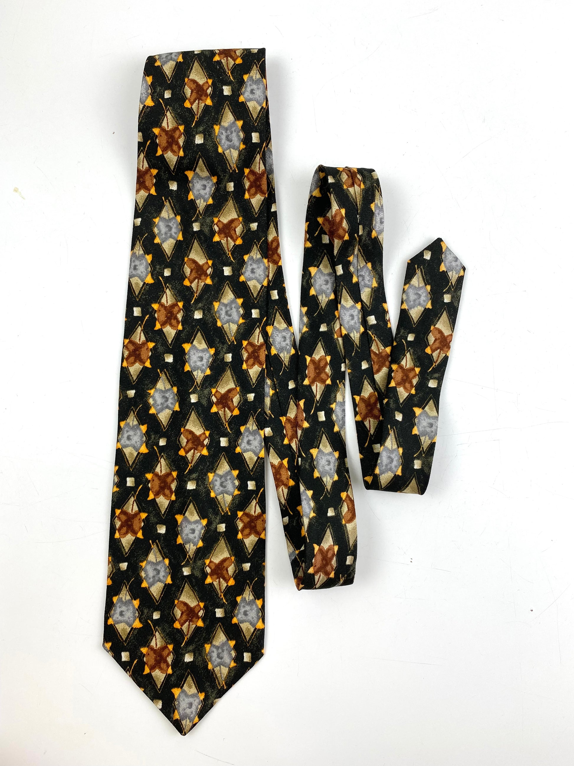 Front of: 90s Deadstock Silk Necktie, Men's Vintage Green/ Yellow/ Grey/ Brown Diamond Botanical Pattern Tie, NOS