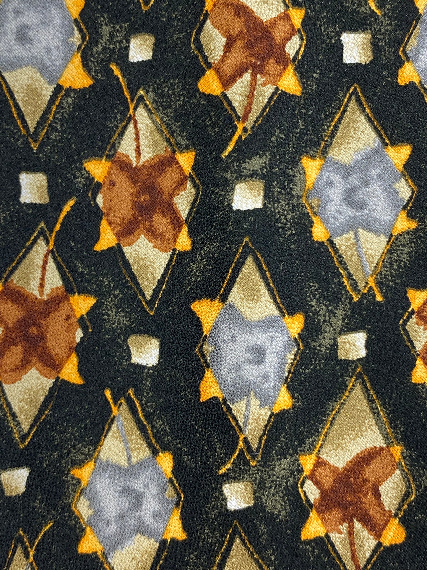 Close-up detail of: 90s Deadstock Silk Necktie, Men's Vintage Green/ Yellow/ Grey/ Brown Diamond Botanical Pattern Tie, NOS