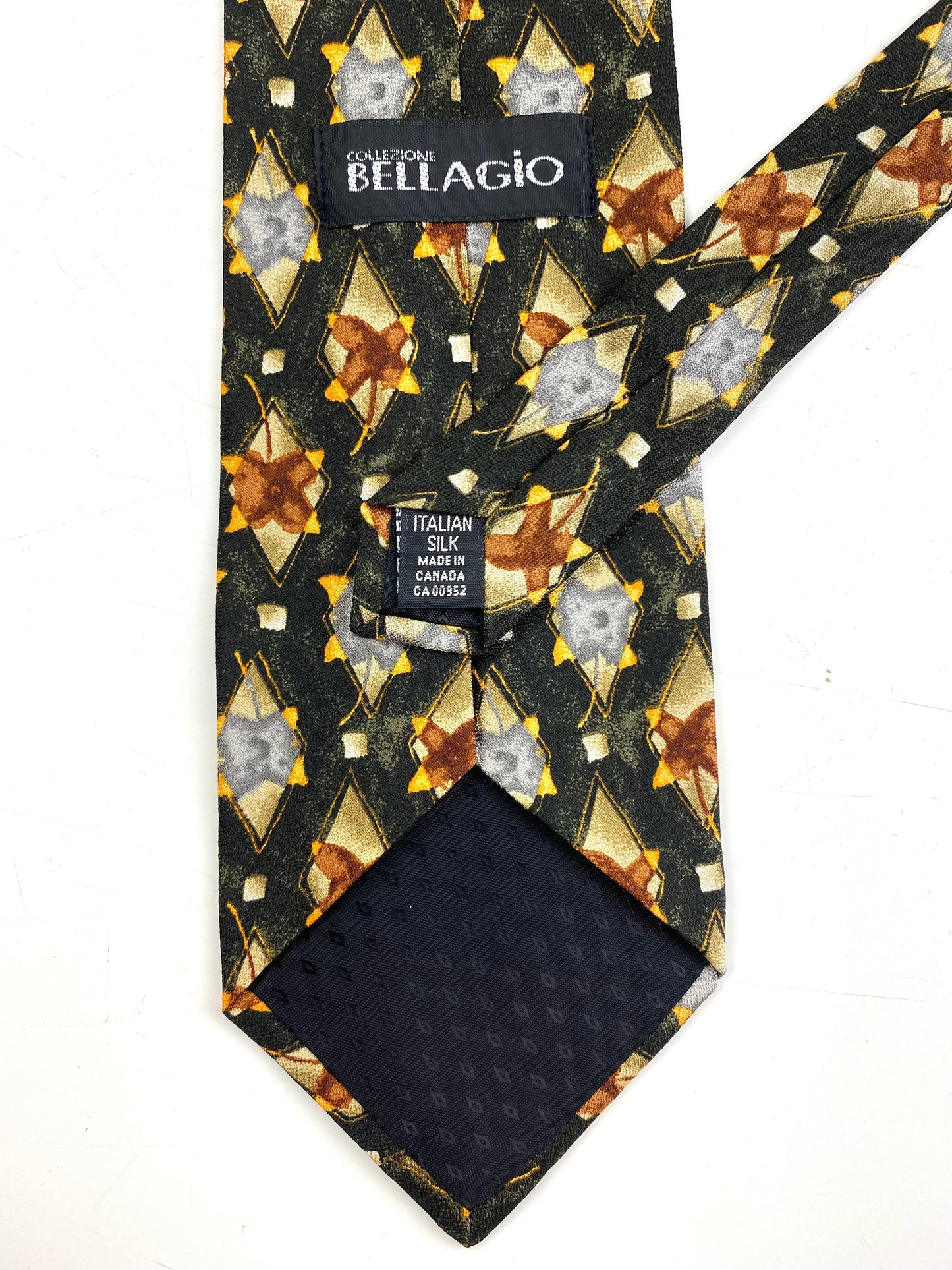 Back and labels of: 90s Deadstock Silk Necktie, Men's Vintage Green/ Yellow/ Grey/ Brown Diamond Botanical Pattern Tie, NOS