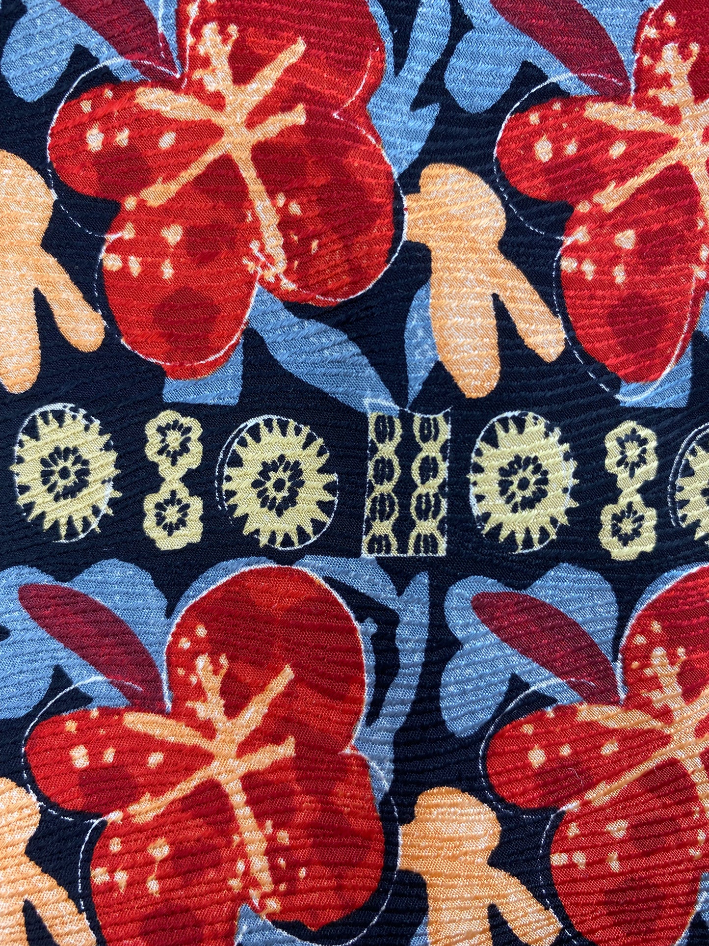 Close-up detail of: 90s Deadstock Silk Necktie, Men's Vintage Blue/ Orange/ Red Abstract Pattern Tie, NOS