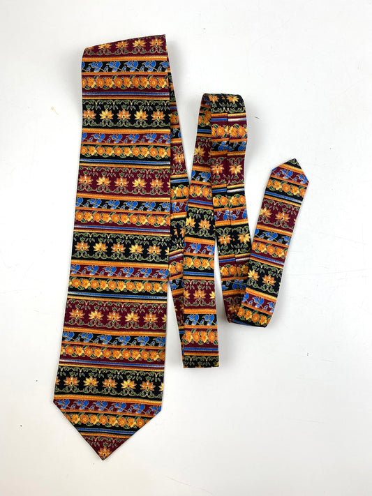 Front of: 90s Deadstock Silk Necktie, Men's Vintage Orange/ Maroon/ Blue Floral Horizontal Stripe Pattern Tie, NOS