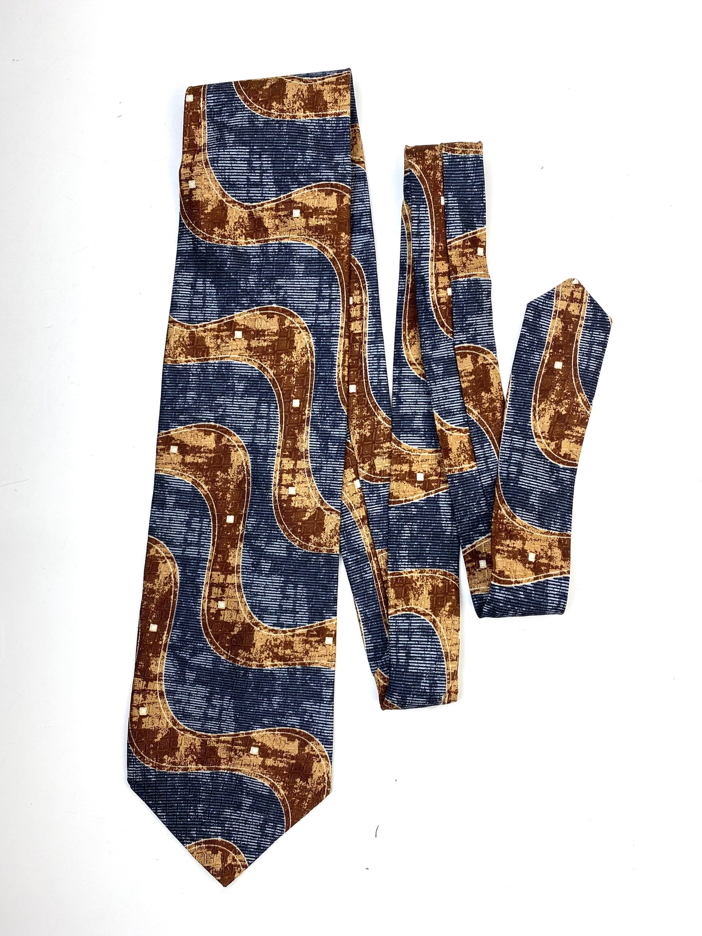Front of: 90s Deadstock Silk Necktie, Men's Vintage Brown/ Grey Abstract Wave Pattern Tie, NOS