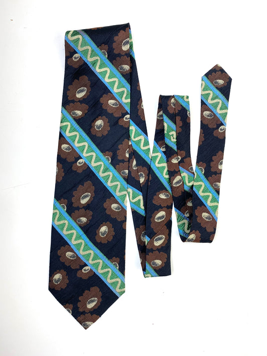 Front of: 90s Deadstock Silk Necktie, Men's Vintage Brown/ Green/ Blue Floral Stripe Pattern Tie, NOS