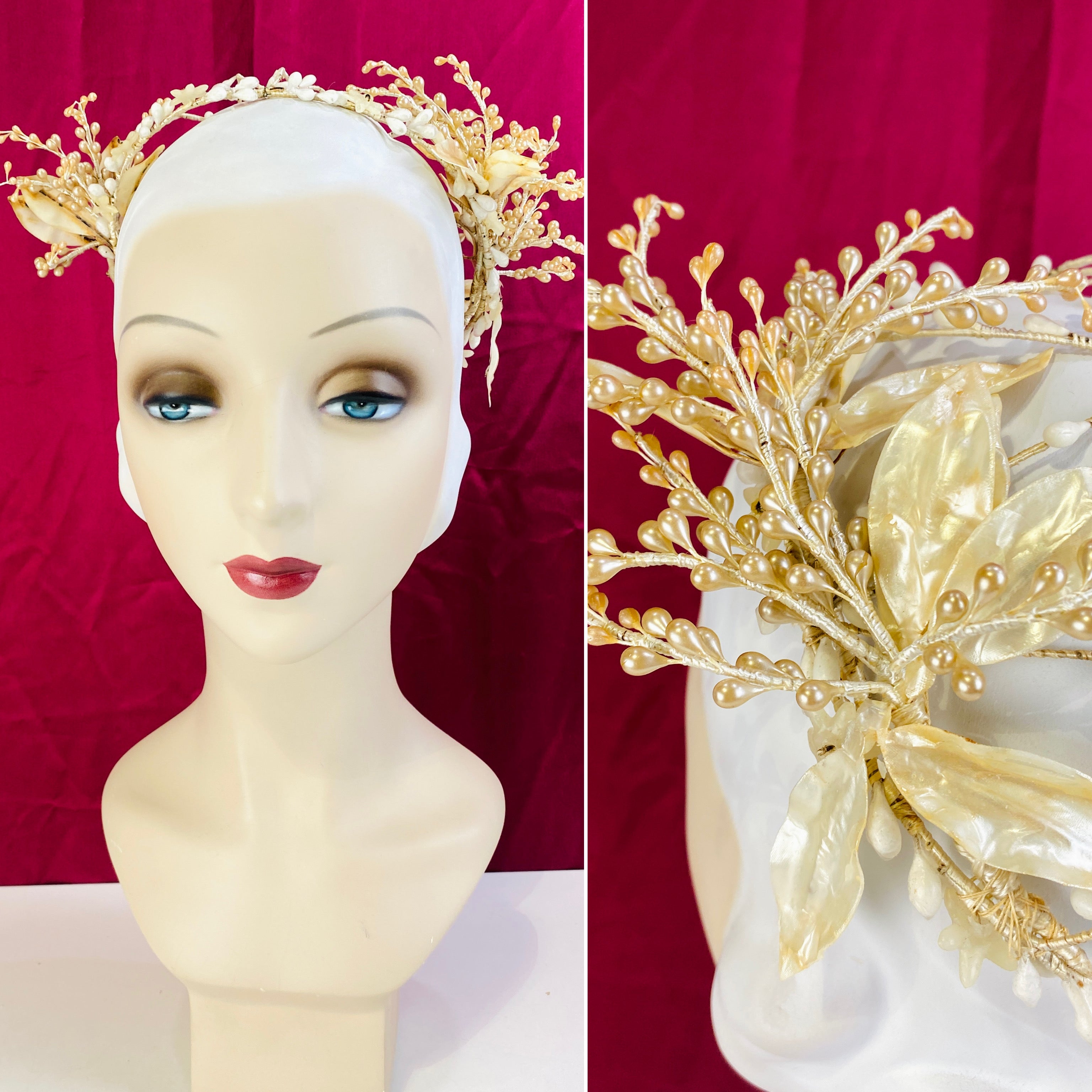 Vintage 20s/30s Ivory Pearl Droplet & Leaf Bridal Crown