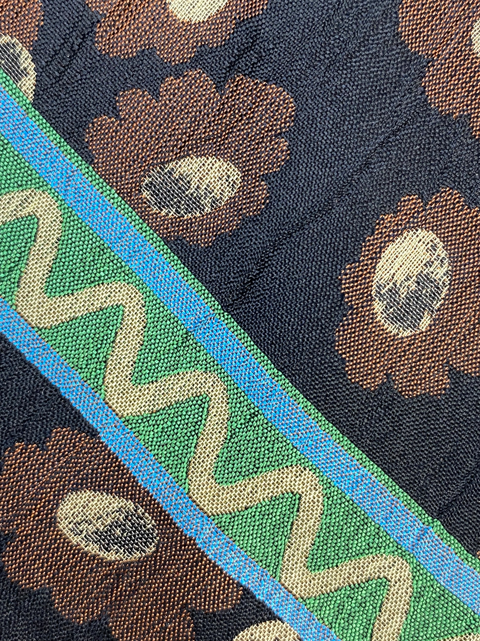 Close-up of: 90s Deadstock Silk Necktie, Men's Vintage Brown/ Green/ Blue Floral Stripe Pattern Tie, NOS