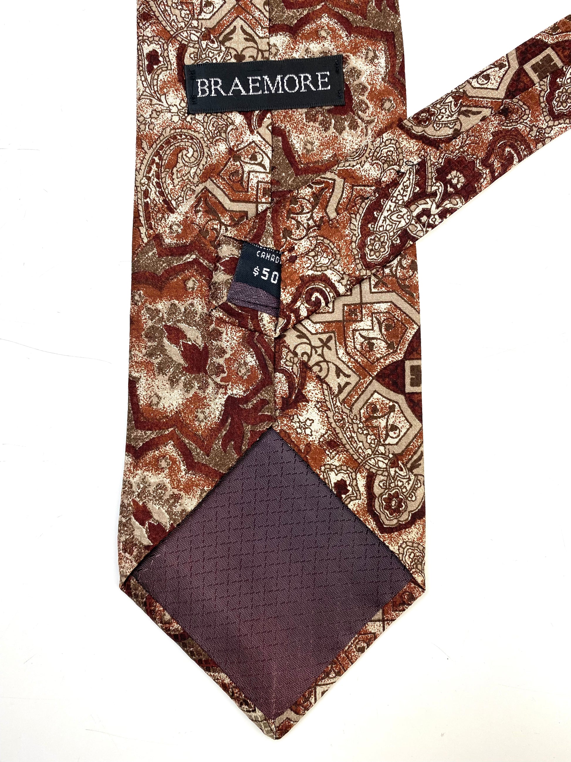 Back and labels of: 90s Deadstock Silk Necktie, Men's Vintage Brown Paisley Pattern Tie, NOS